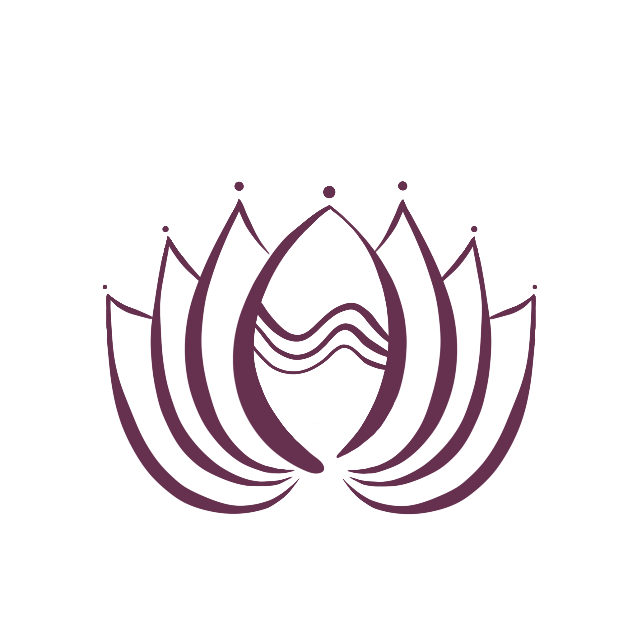 A stylized depiction of a lotus flower with purple lines outlining the petals and circular accents surrounding it, set against a black background.