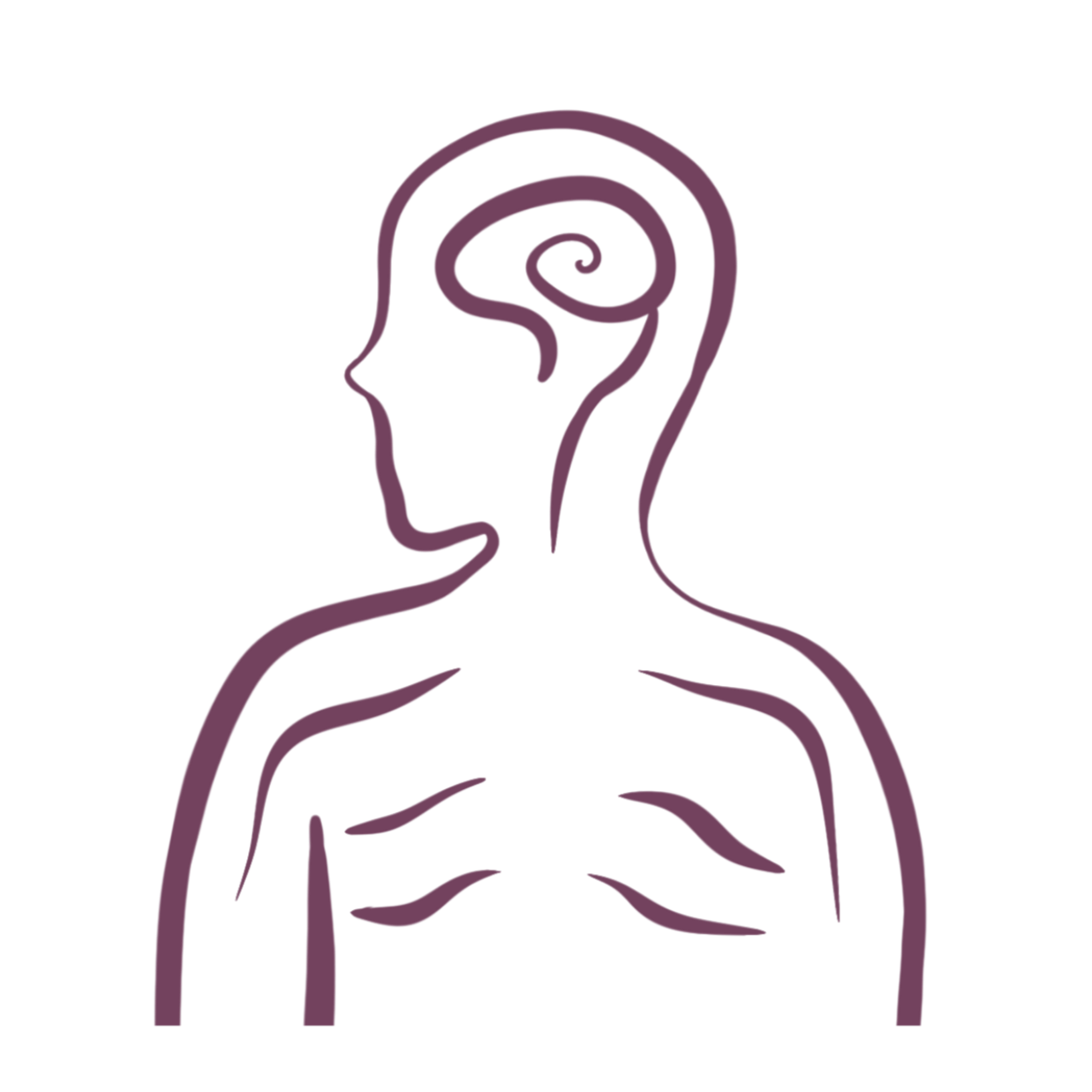 Line drawing of a human profile with a spiral-shaped brain, black background.