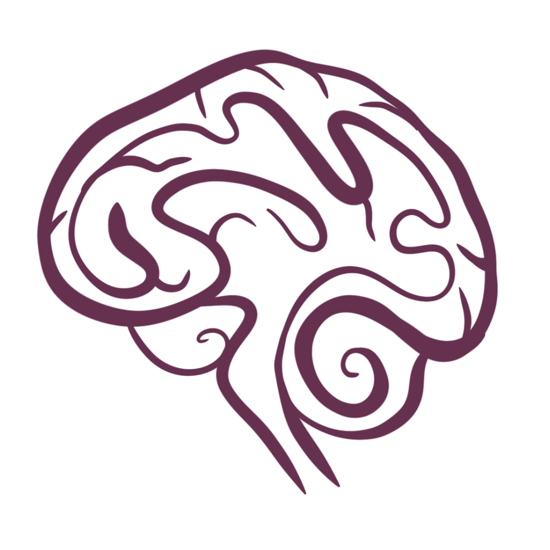 Line drawing of a human brain in purple on a black background.