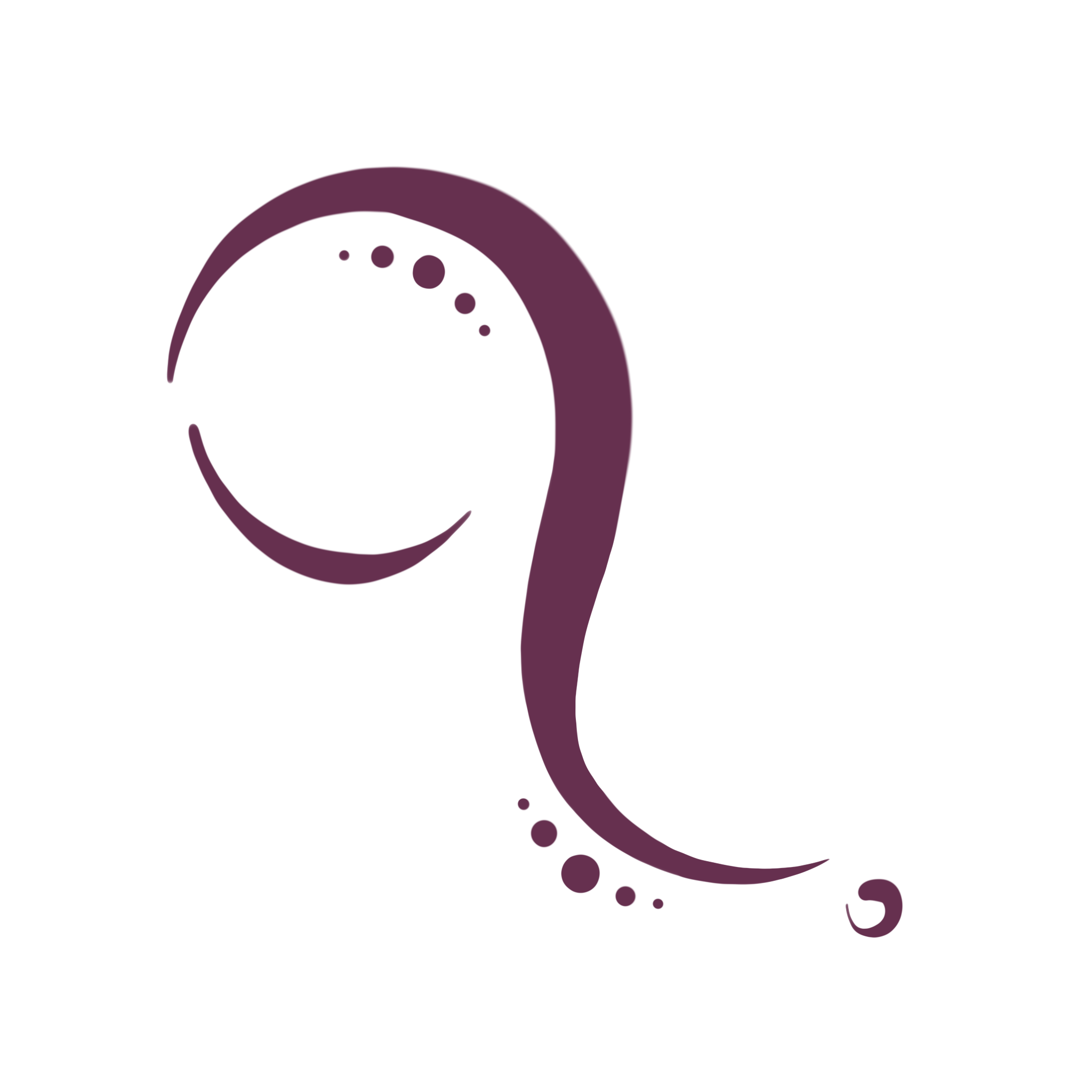 Abstract graphic with circular and swirling shapes in purple and black on a black background.