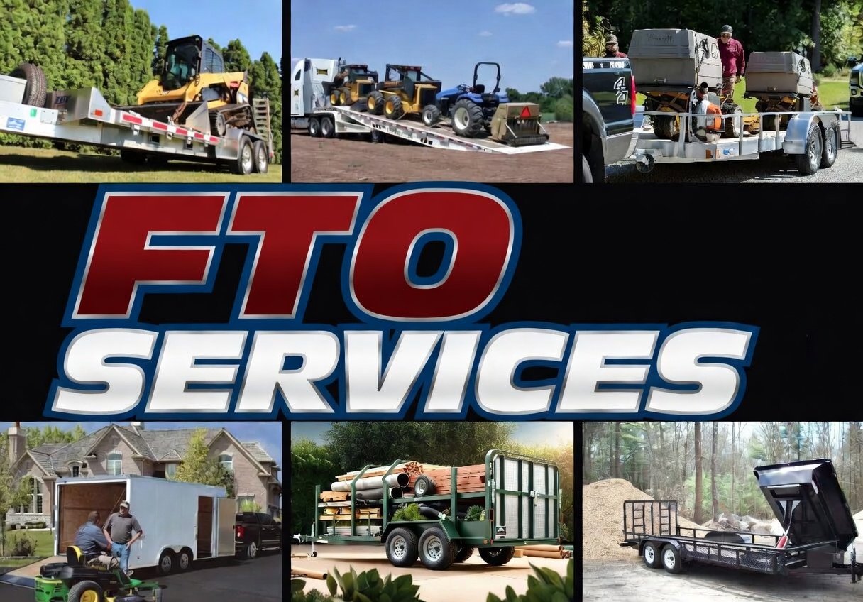 Collage of six images showcasing various trailers used for transporting equipment, machinery, and goods, with a central logo reading 'FTO SERVICES' in bold red and white letters.