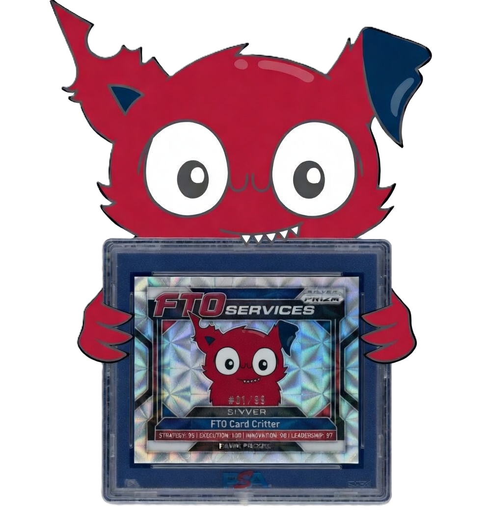 A cartoon red monster with big eyes, sharp teeth, and mismatched ears is holding a display case containing a trading card. The monster has animal-like features with a playful expression.