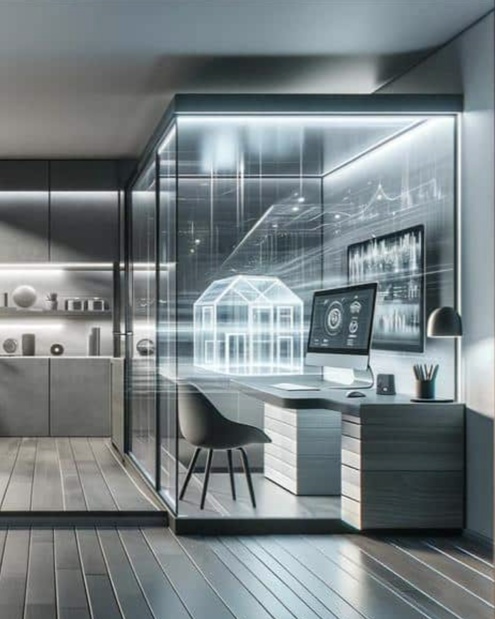 A modern office workspace with a computer and a holographic house model, showcasing advanced technology in a sleek setting.