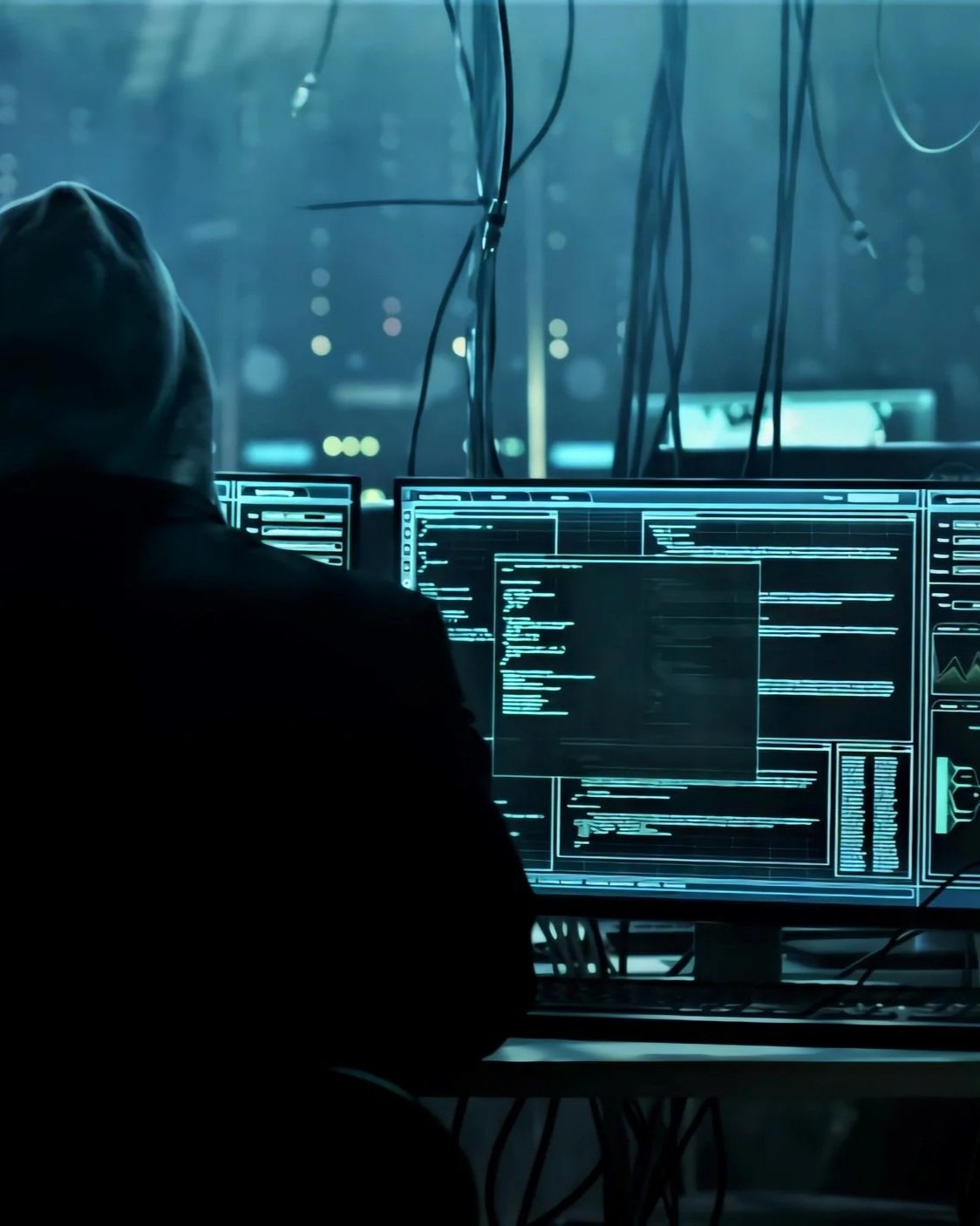 Person in hoodie working on multiple computer screens with code and data, in a dark, high-tech environment.