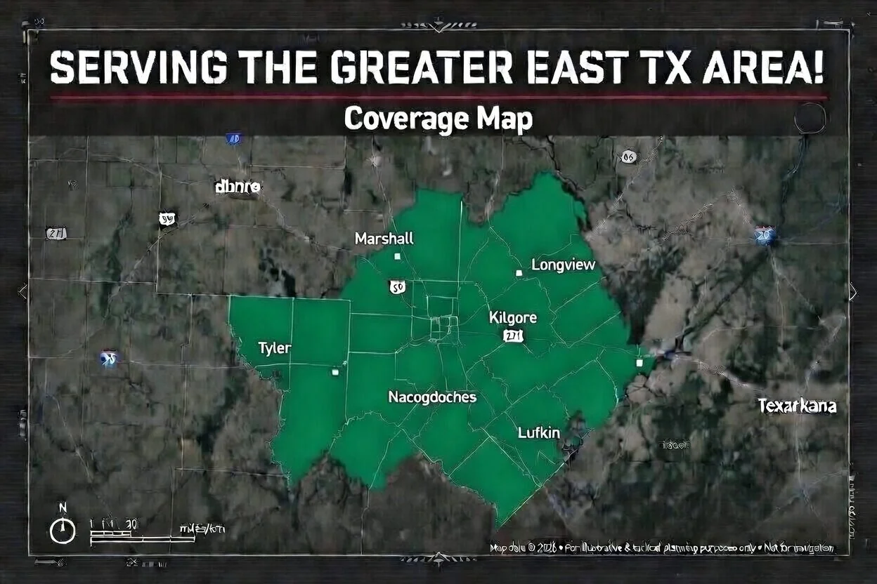 Map showing coverage areas for service providers in the Greater East Texas area, with towns such as Marshall, Longview, Kilgore, Nacogdoches, Tyler, Lufkin, and Texarkana outlined in green.