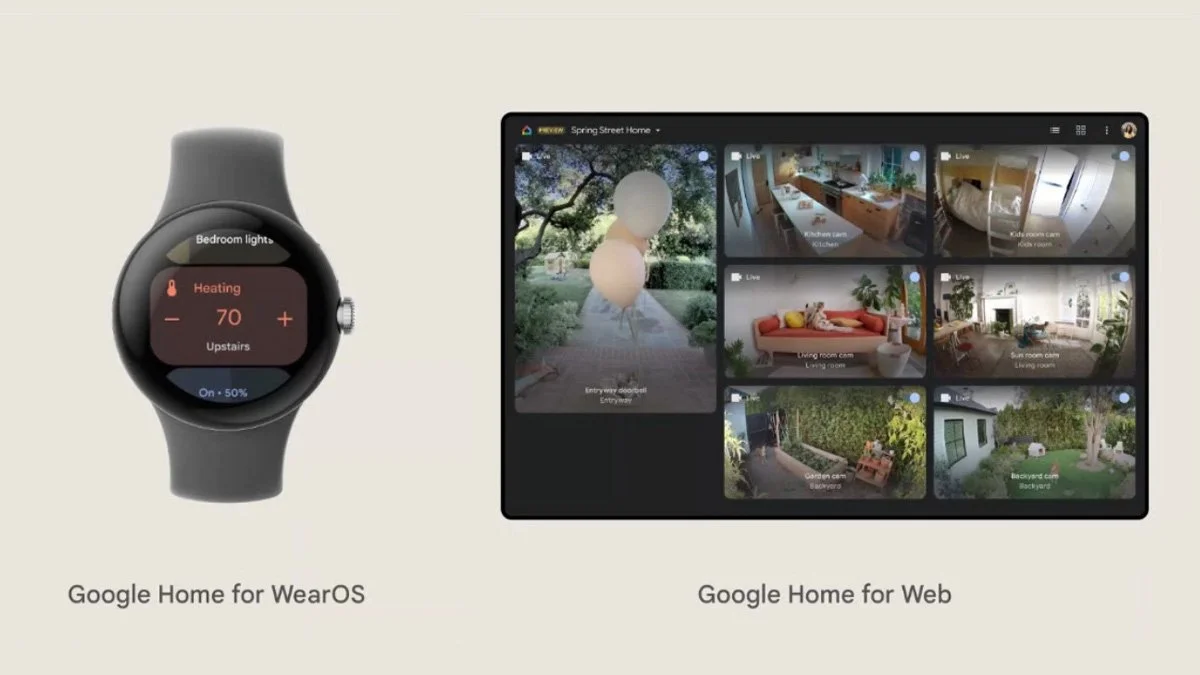 A smartwatch displaying a home automation app controlling heating in a bedroom, and a tablet screen showing a security camera interface with multiple home cameras like entryway, kitchen, living room, garden, and backyard, with labeled views such as 'Living room' and 'Backyard'.