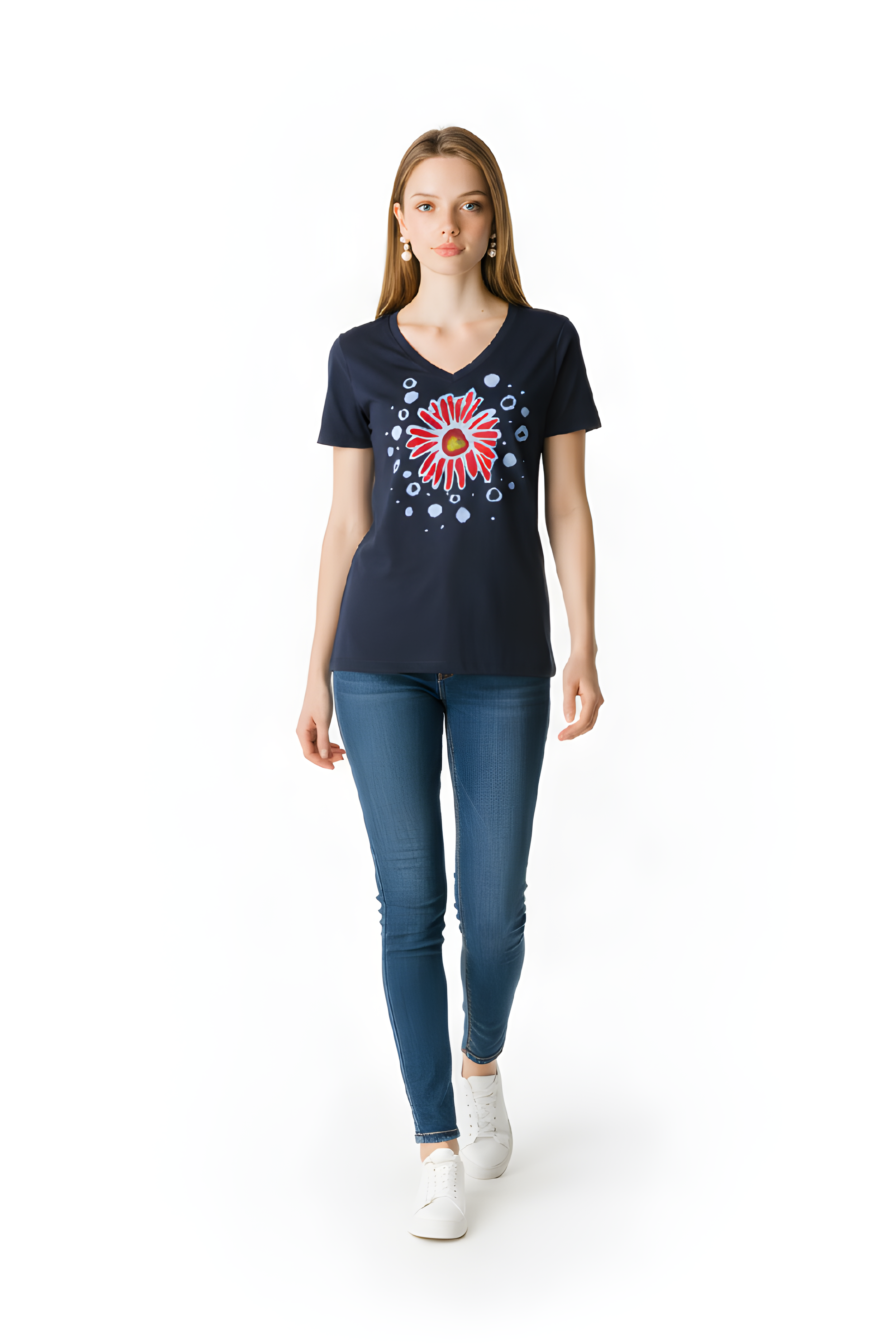 Red Daisy V-Neck Medium