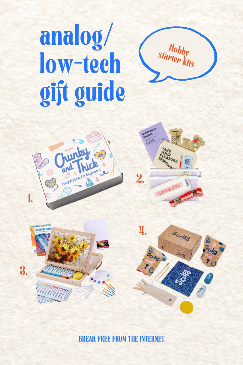 Hobby starter kits including knitting, needlepoint, and pottery