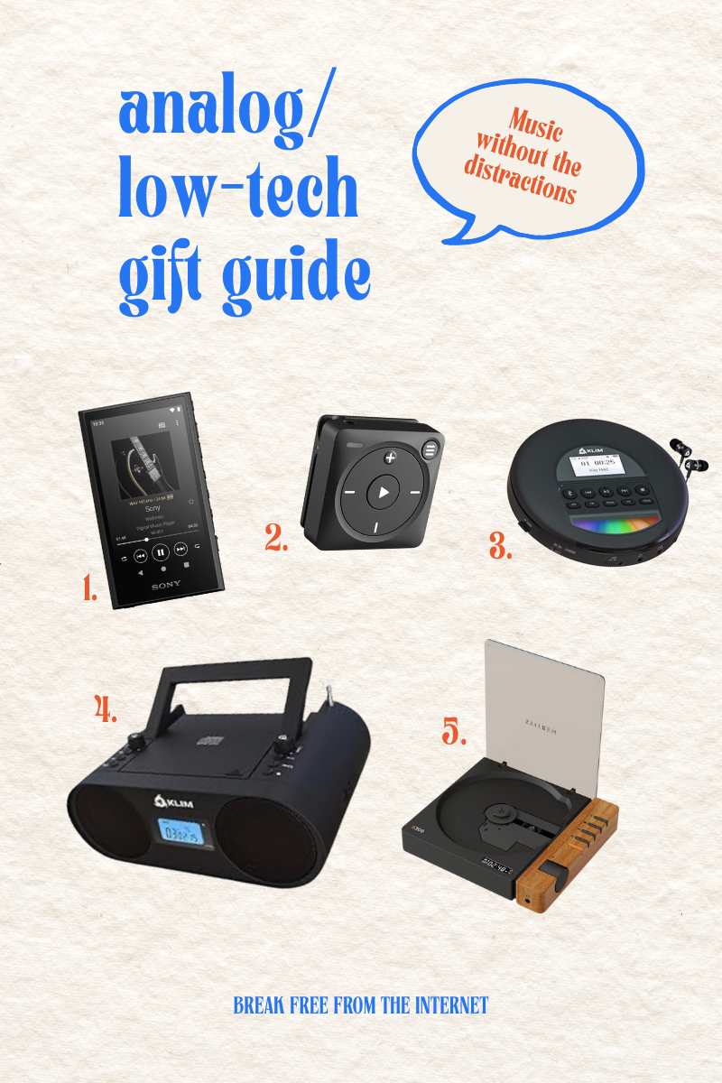 Screen-free music players including Sony Walkman and CD player