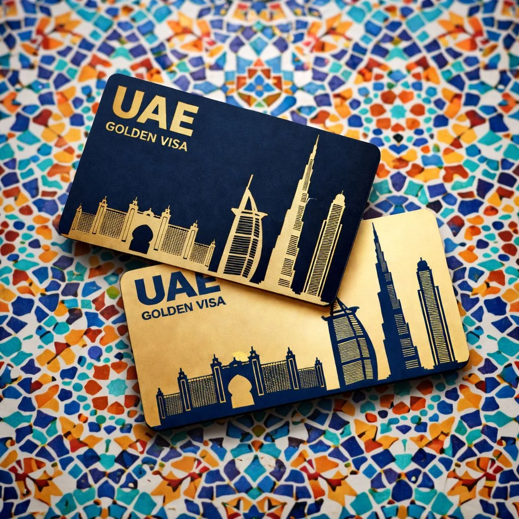 Two UAE golden visa cards featuring key Dubai landmarks like the Burj Khalifa and the Burj Al Arab placed on a colorful mosaic surface.