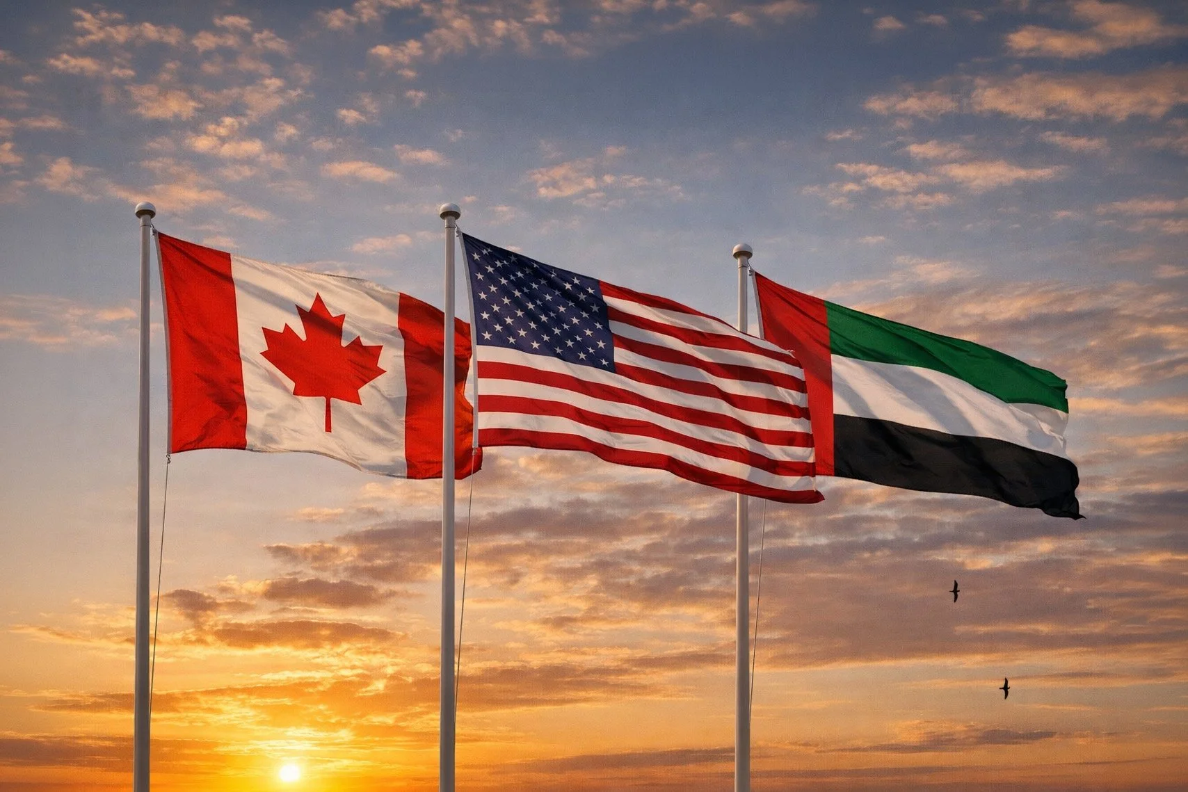 Flags of Canada, the United States, and the United Arab Emirates flying at sunset with a partly cloudy sky and birds flying in the background.