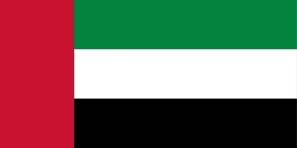 The flag of the United Arab Emirates, with red vertical stripe on the hoist side, and horizontal stripes of green, white, and black from top to bottom.
