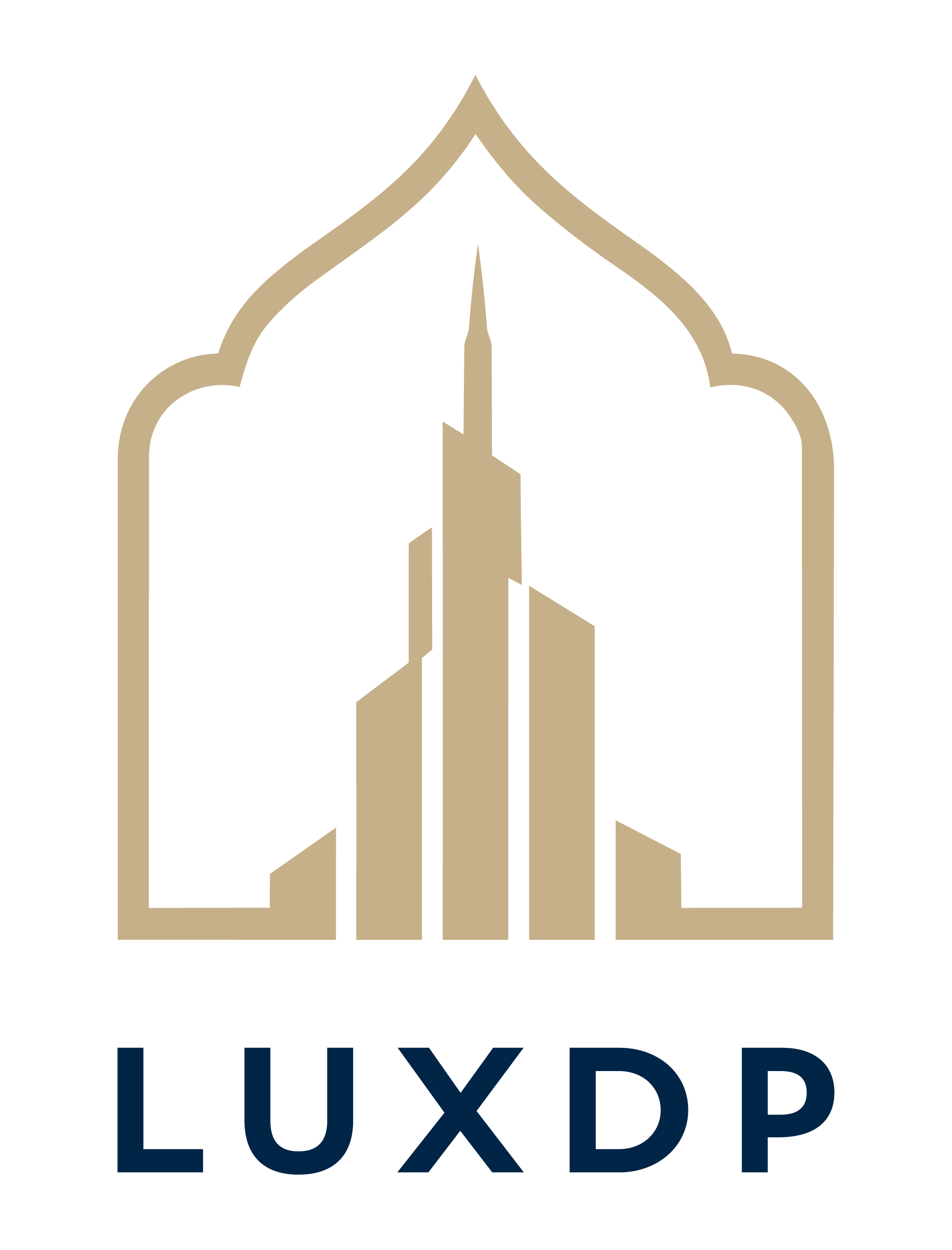 A logo featuring an abstract representation of a city skyline inside an arch shape with the text 'LUXDP' beneath.