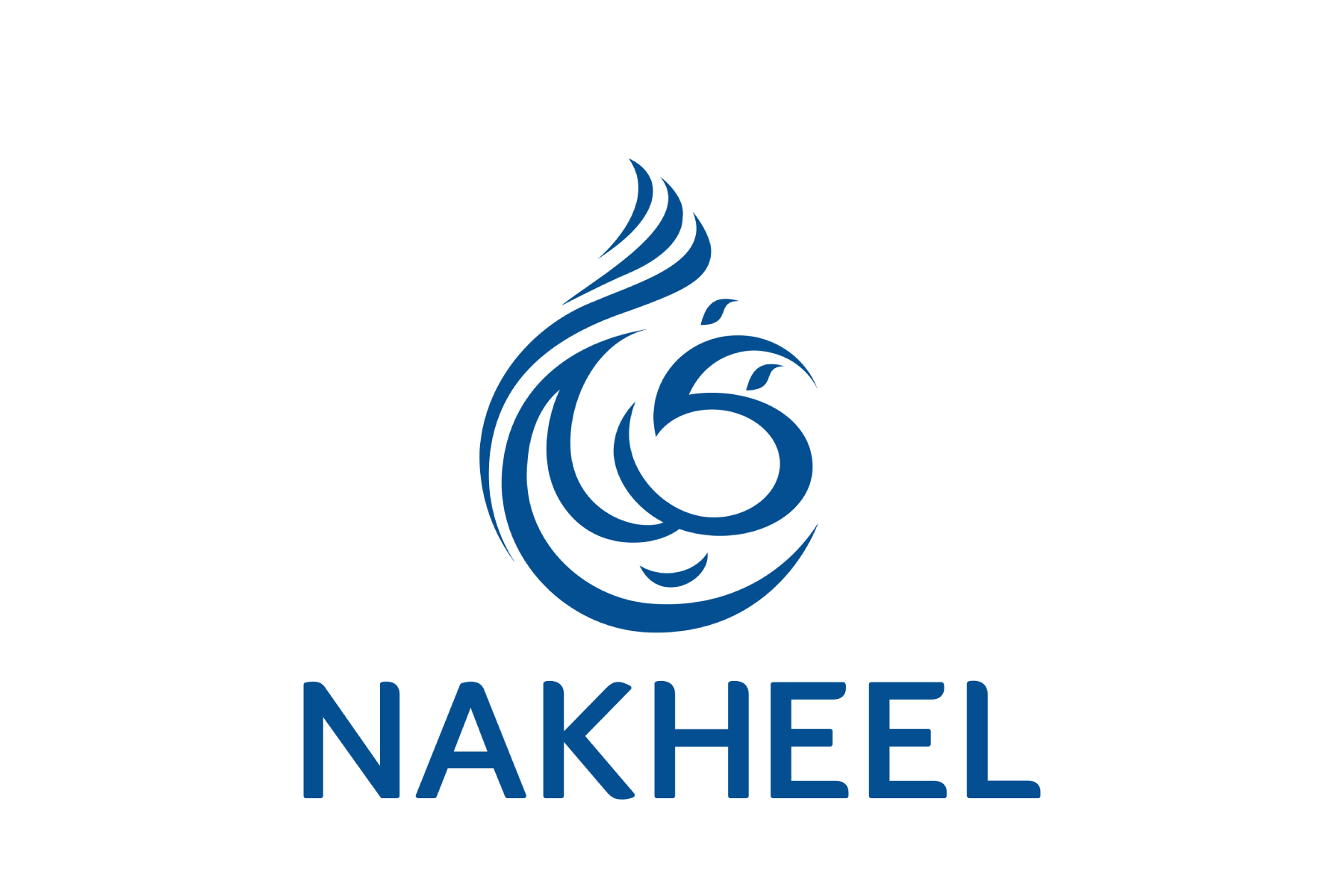 A logo with a stylized peacock head integrated with swirling blue lines and the word "NAKHEEL" in blue uppercase letters beneath.