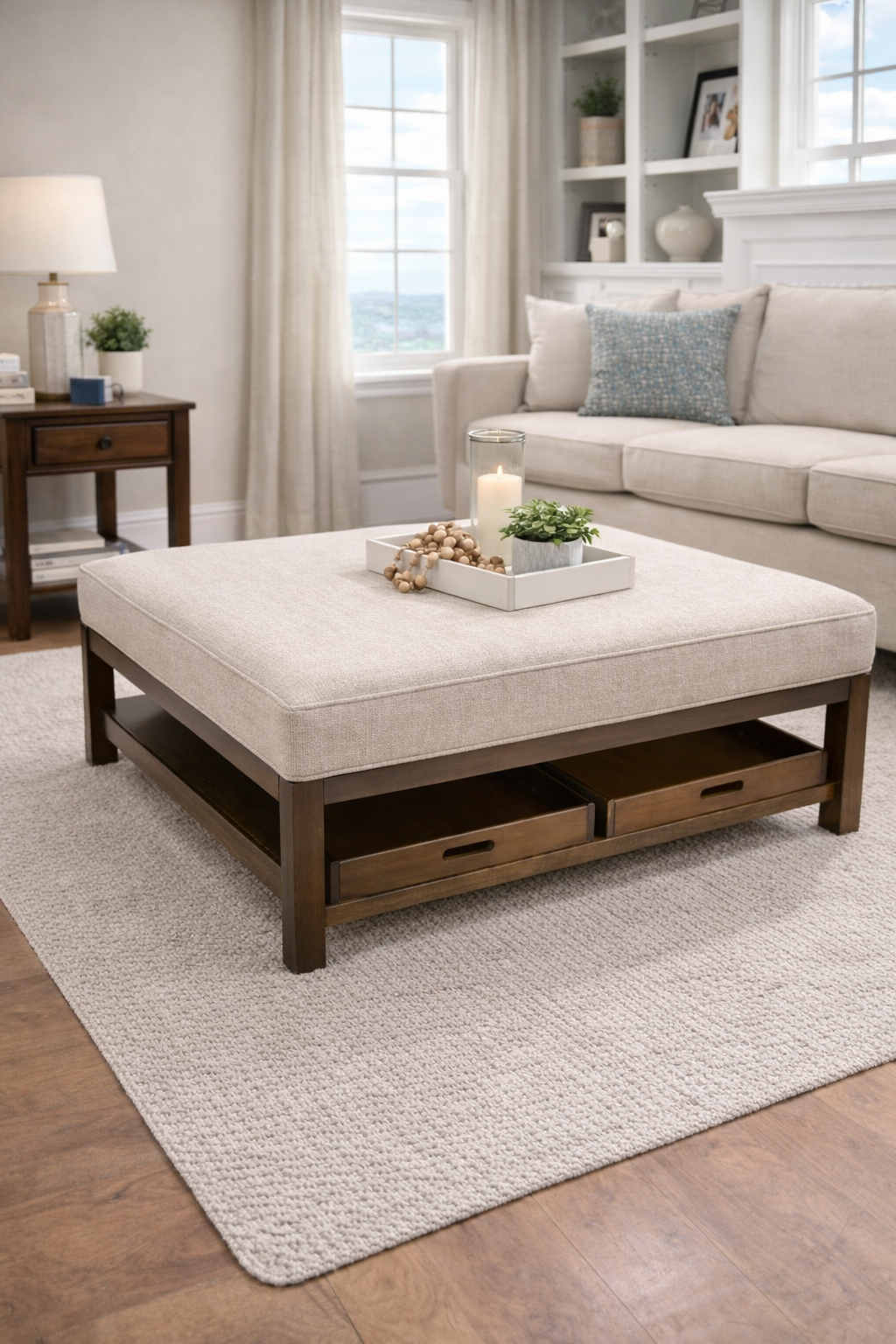 SLF67500SQ Ottoman in a Black Walnut finish. This model is used as a versatile cocktail ottoman that served as footrests, extra seating, and has 2 removeable tray tables
Customization: As a "special order" item the ottoman is available in a wide arra