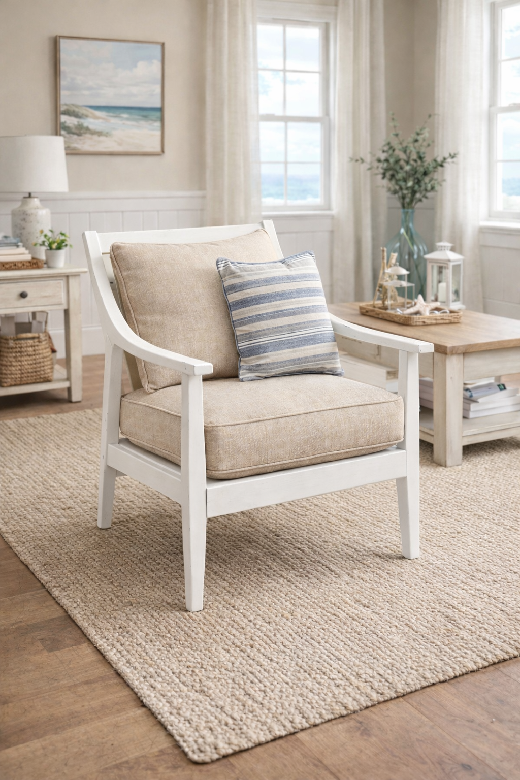 SLF93401 Occasional Chair "Whipped Cream Finish" 
Bring effortless coastal charm into your home with this beautifully crafted white wood accent chair. Designed with a gently curved arm profile and clean slat-back detailing, this piece blends relaxed 