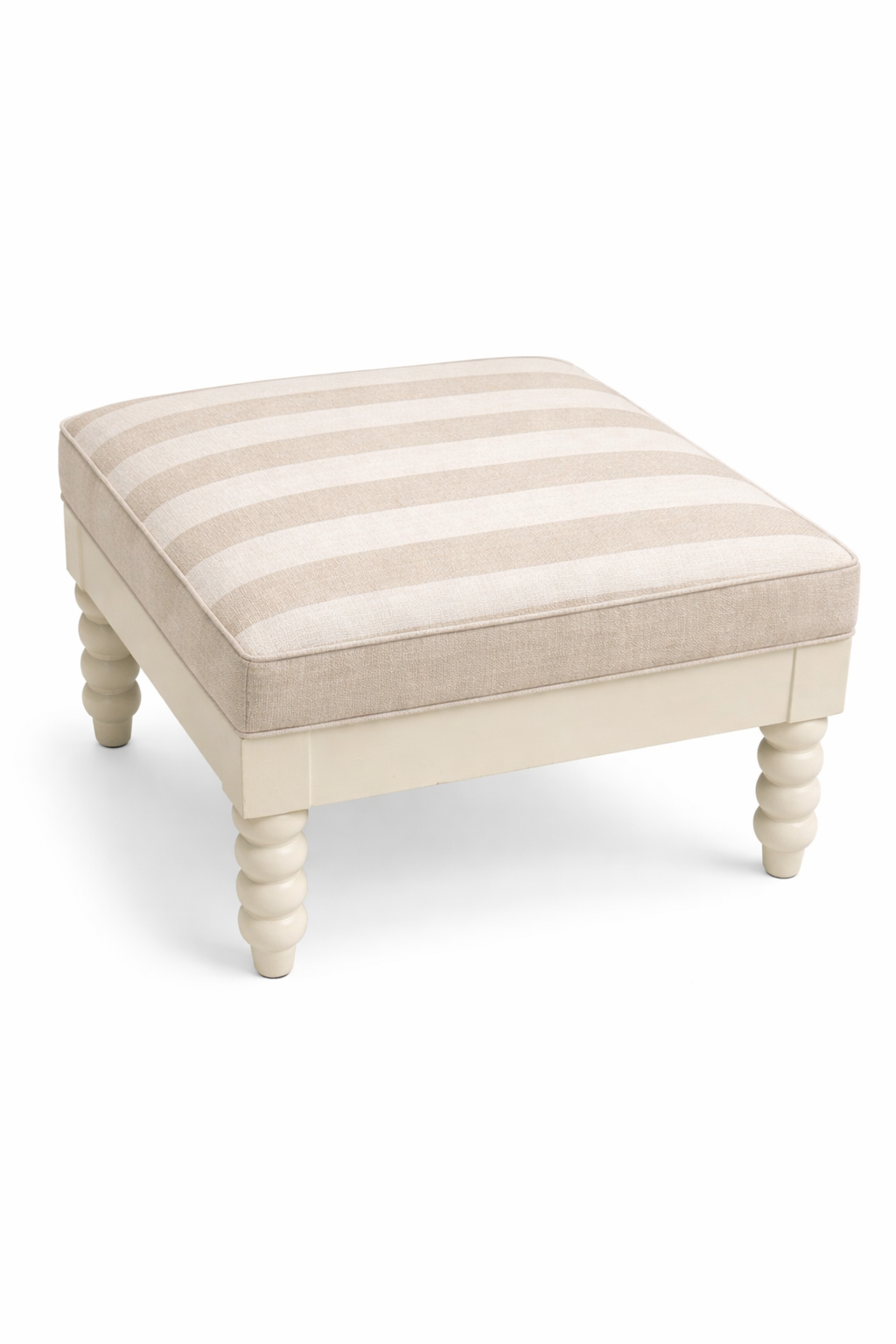 SLF570-010 Ottoman Add timeless charm and versatile comfort to your space with this square upholstered ottoman. Featuring a plush foam cushion shown in neutral striped fabric and a painted wood base with classic turned legs, this piece blends coastal