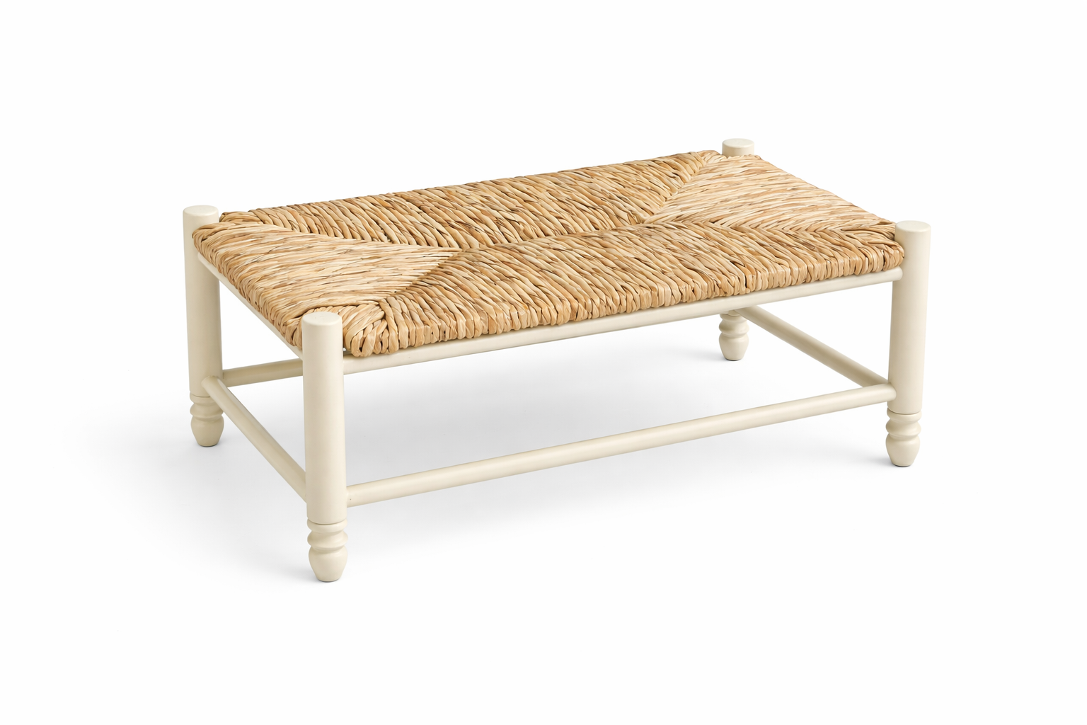 SLF35001 Ottoman with Seabreeze White finish and Rush seat.

Add natural texture and relaxed coastal charm to your space with this woven ottoman. Featuring a handwoven natural fiber top and a crisp white wood base, this versatile piece works beautifu