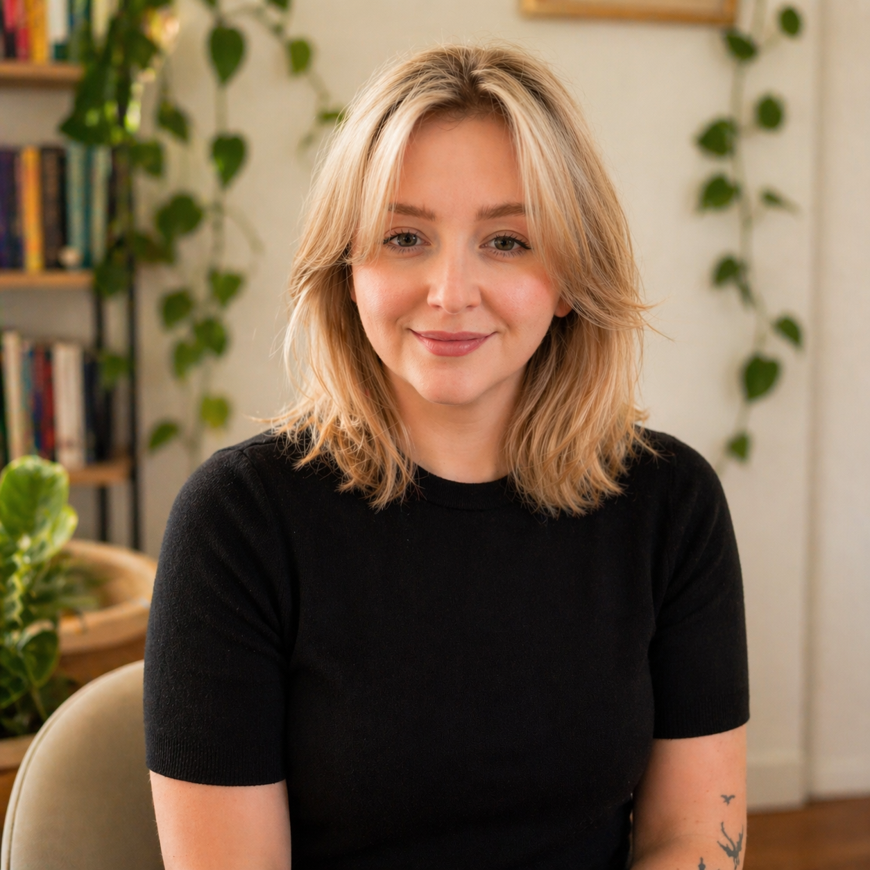 A young woman with blonde, shoulder-length hair, wearing a black shirt, smiling softly at the camera, sitting in a room with green plants and a bookshelf in the background.