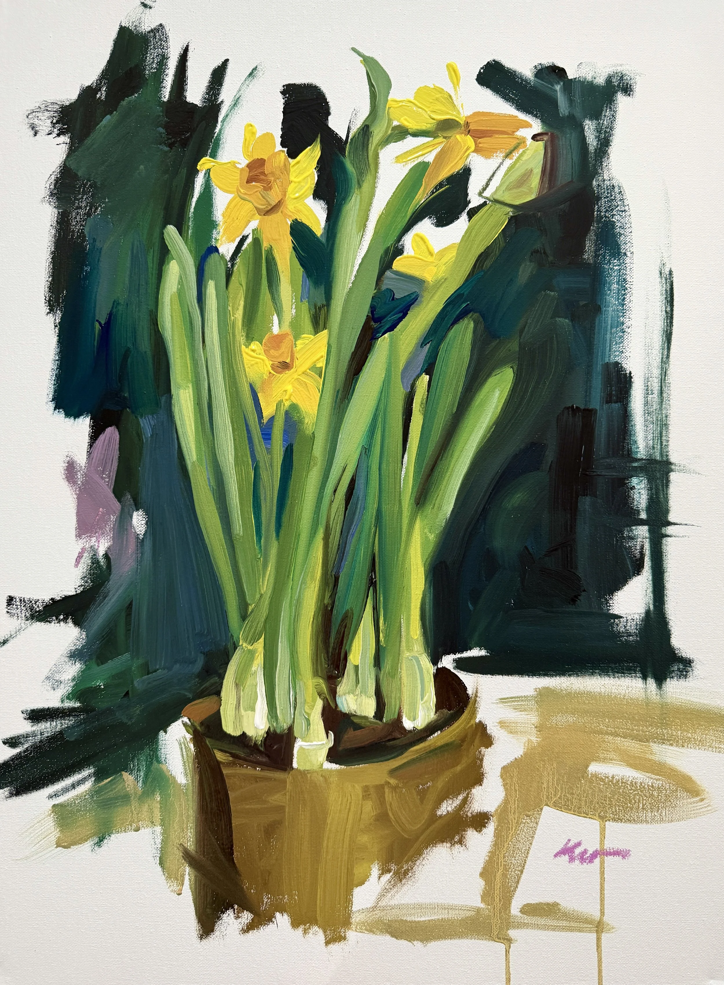 An impressionistic painting of yellow flowers in a brown pot against a dark and green background.