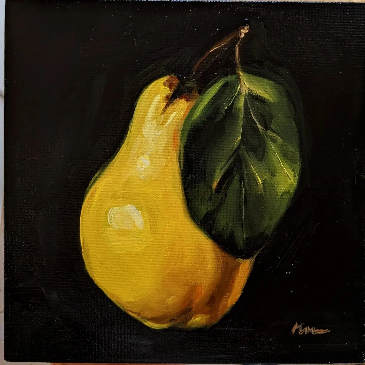 A still life painting of a yellow pear and a green leaf on a dark background.