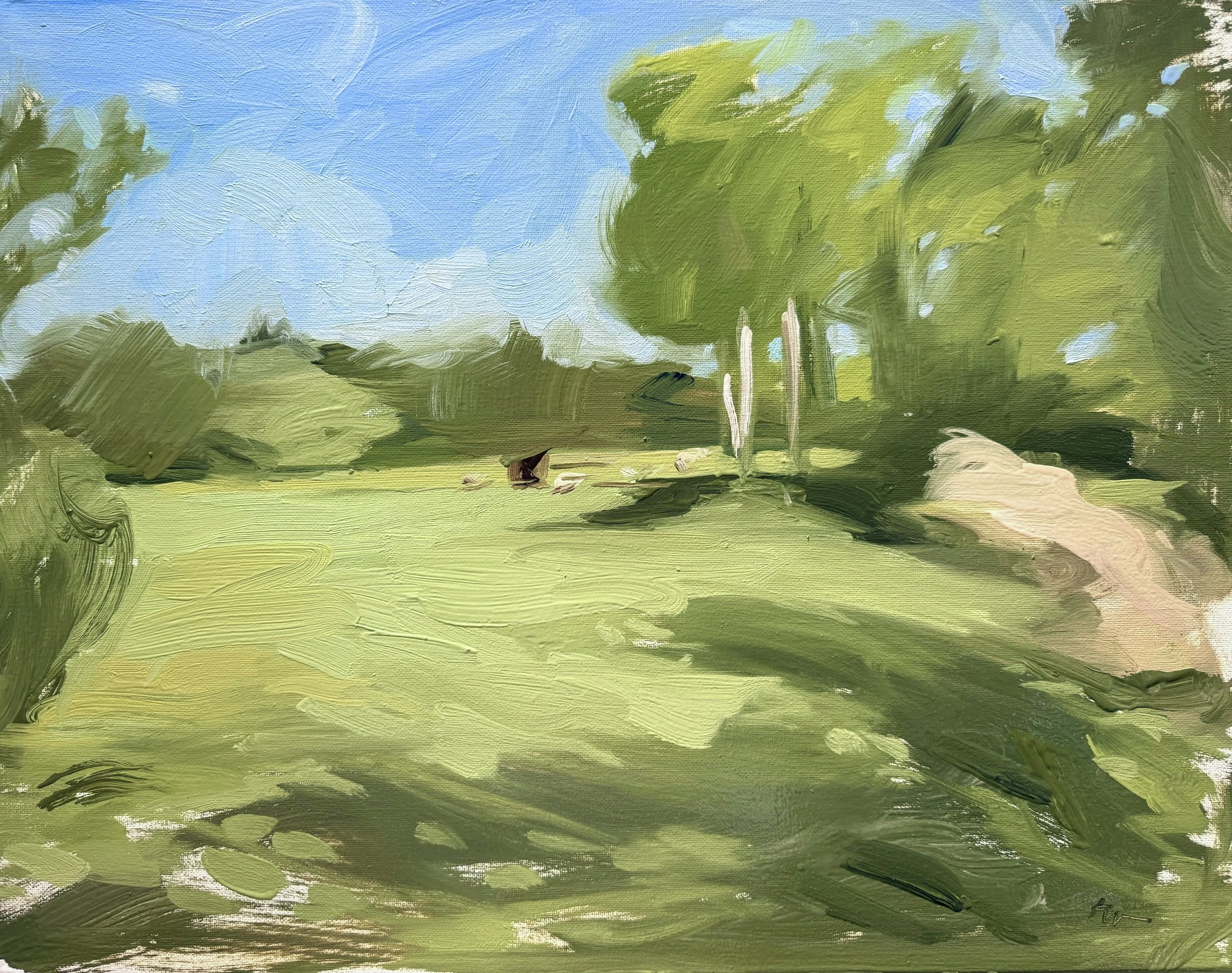 An impressionistic landscape painting of a grassy field with trees and a partly cloudy sky.