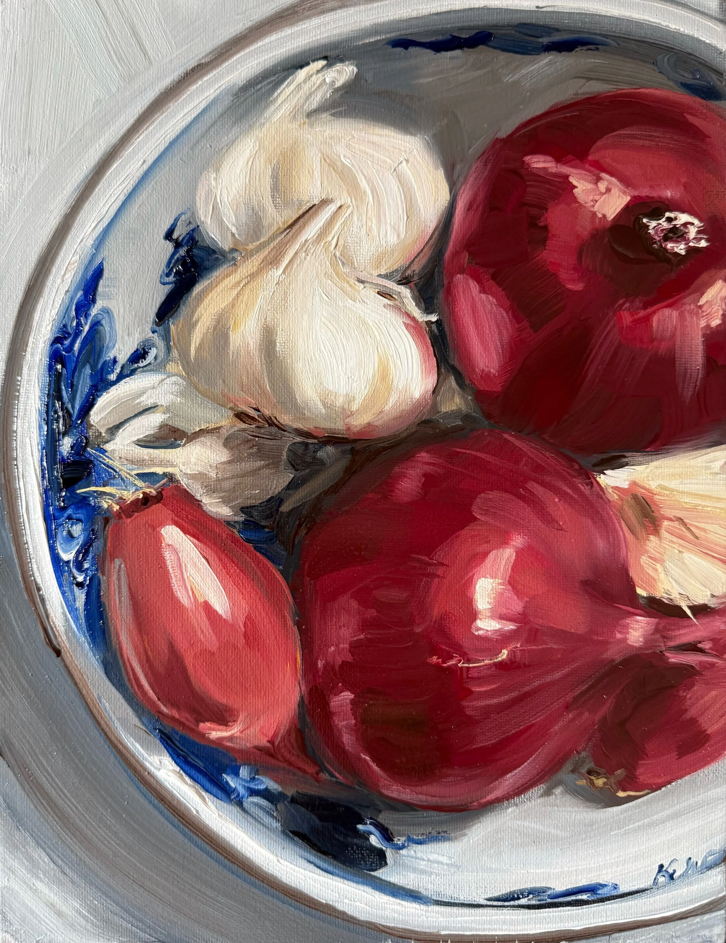 Bowl of Alliums, oil on panel, 9x12