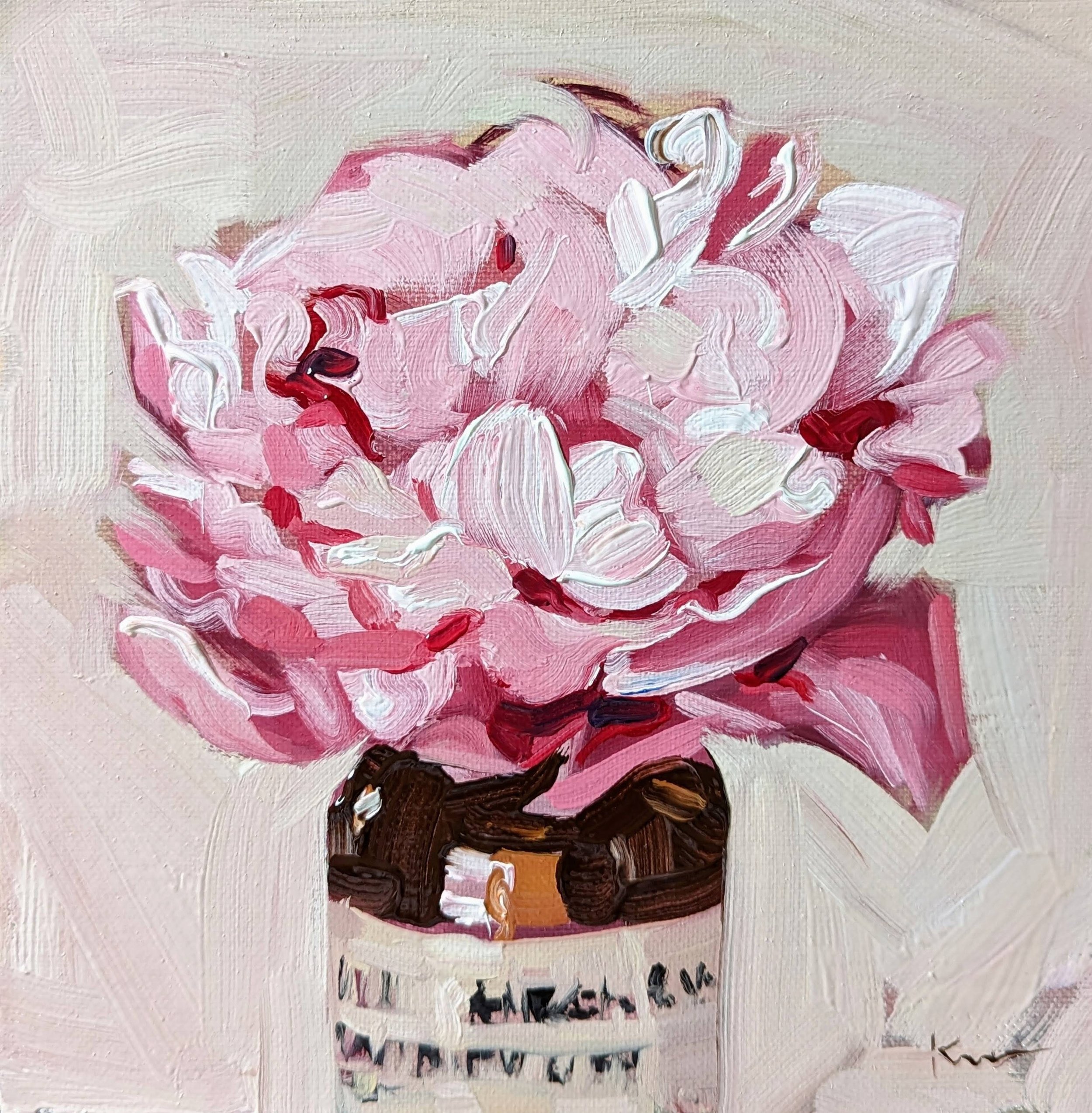 A pink peony flower in a small container painted with broad, textured brushstrokes.