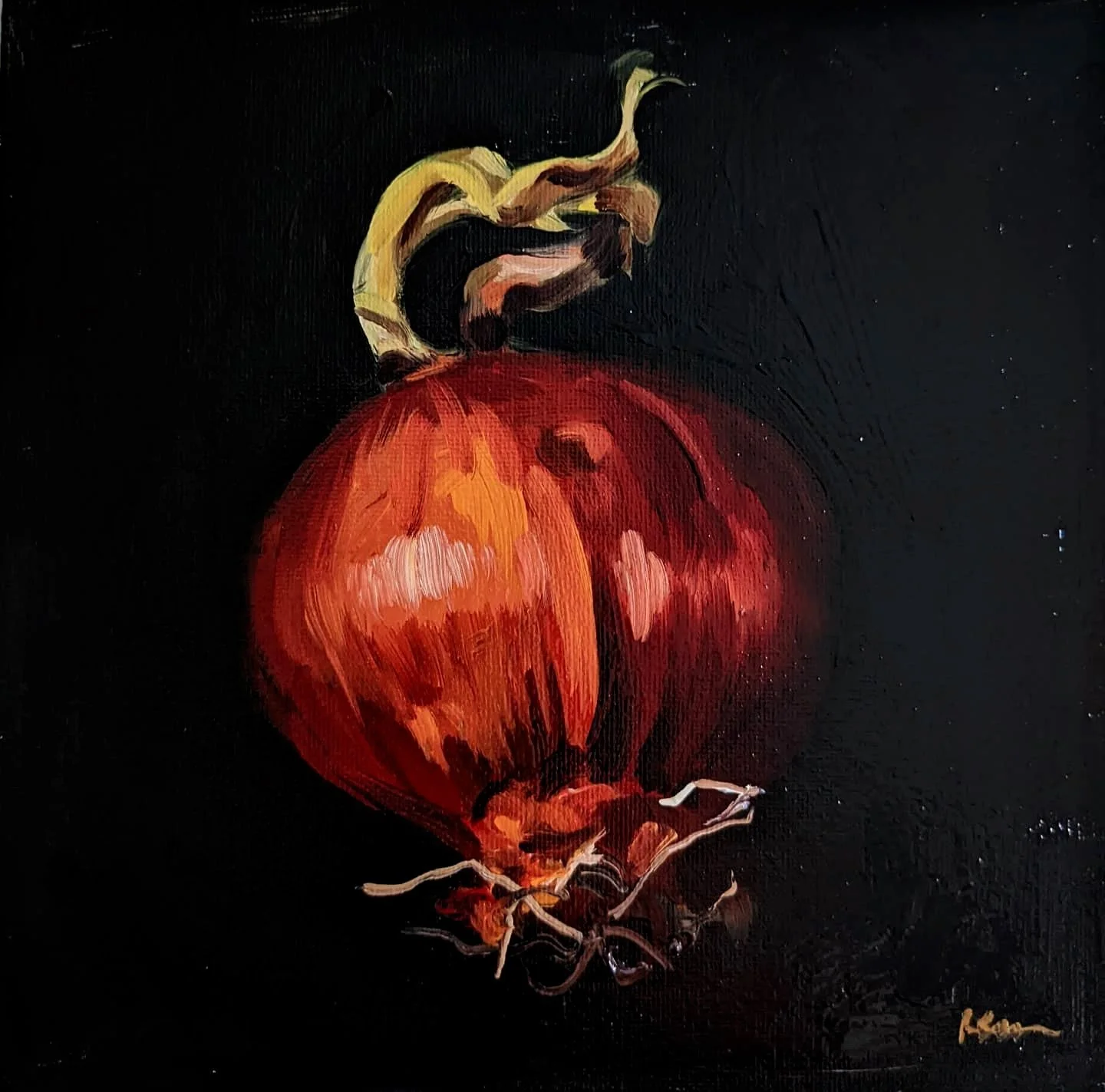 Painting of three red onions with green stems on a black background.