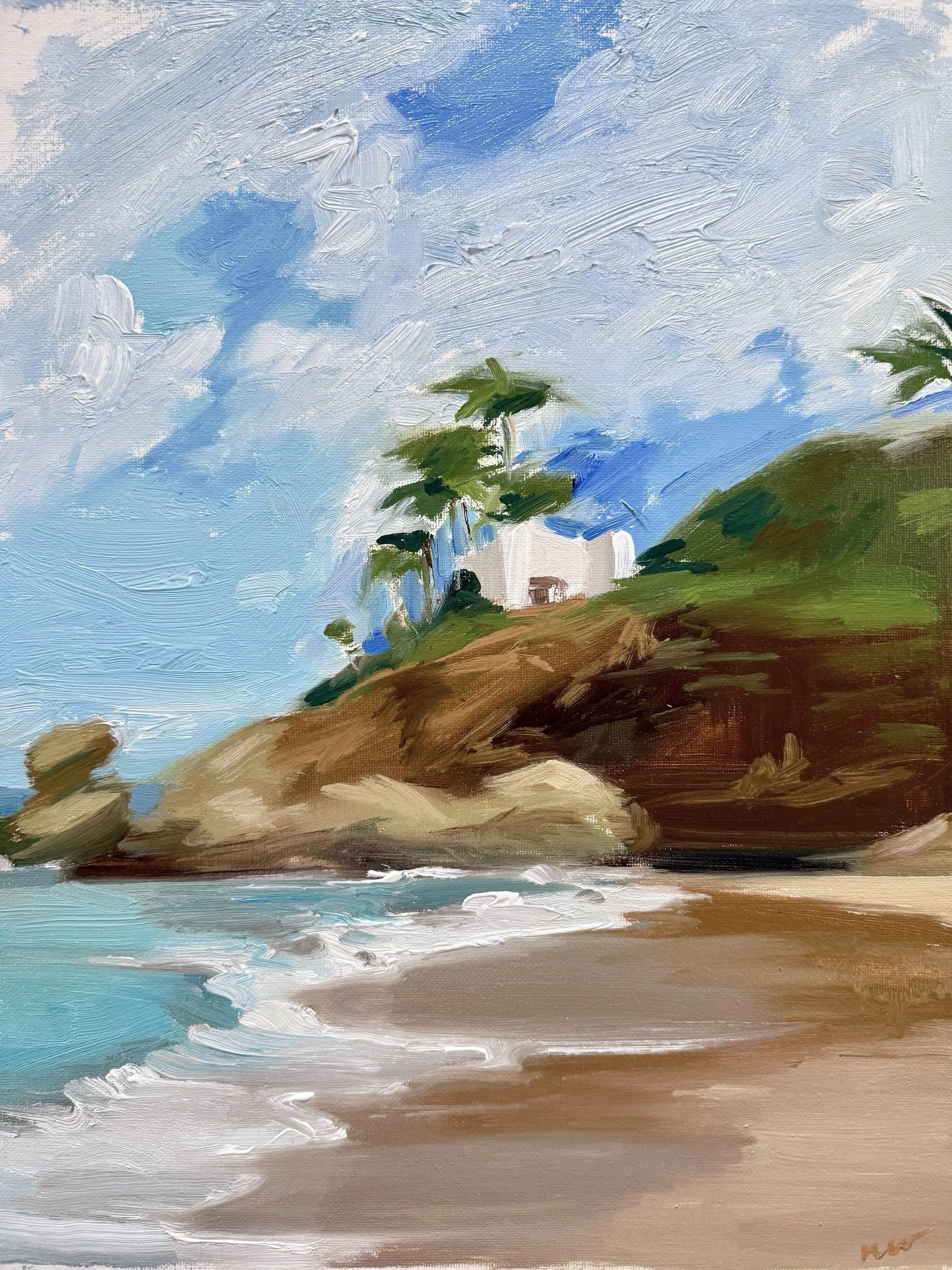 An oil painting of a coastal scene showing a sandy beach, turquoise water, rocky cliffs with green vegetation, and a white house with a blue roof atop the hill, under a partly cloudy sky.