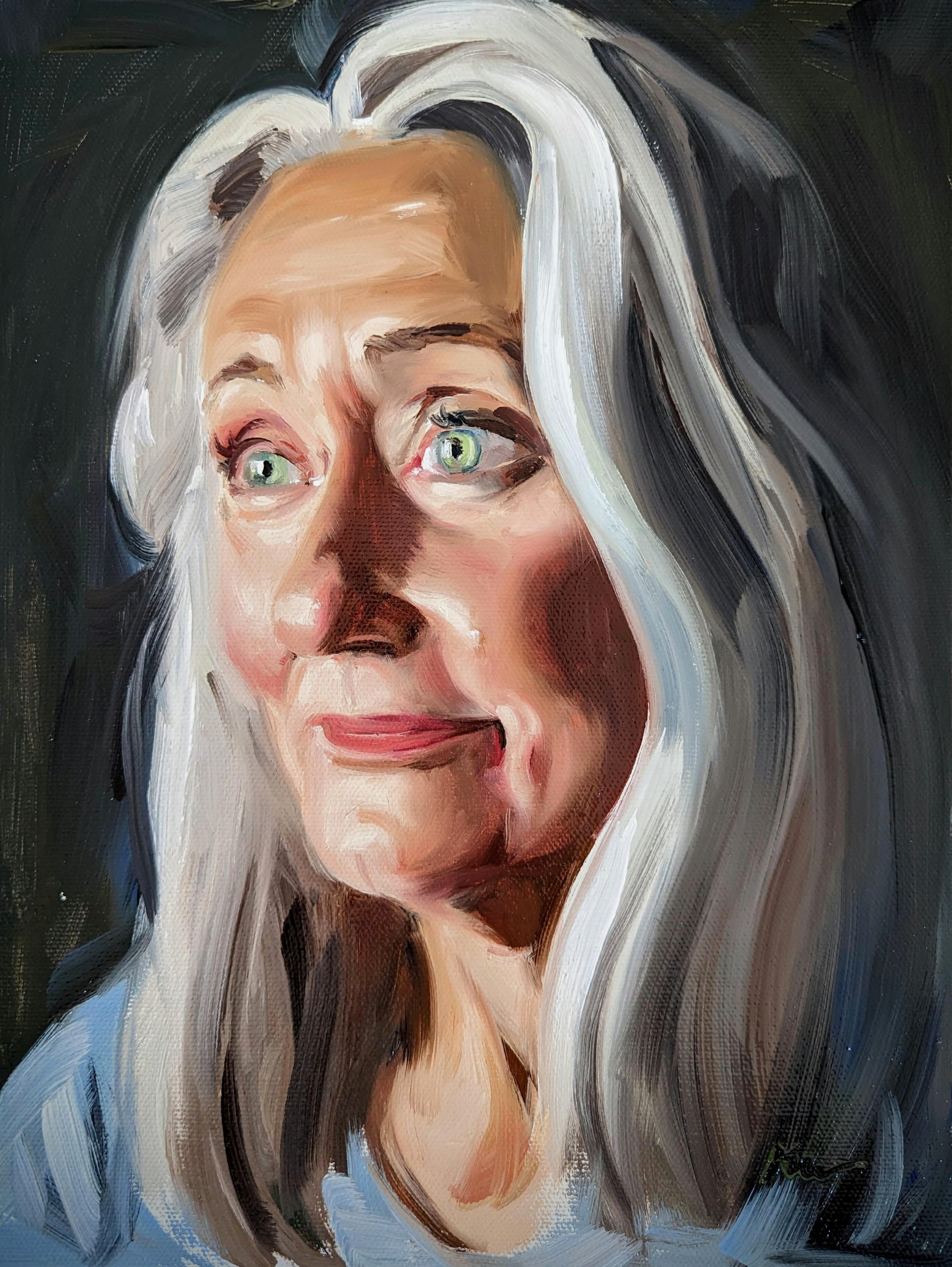 A painted portrait of an older woman with long, wavy, white hair and bright green eyes, looking slightly upward, with a gentle smile.