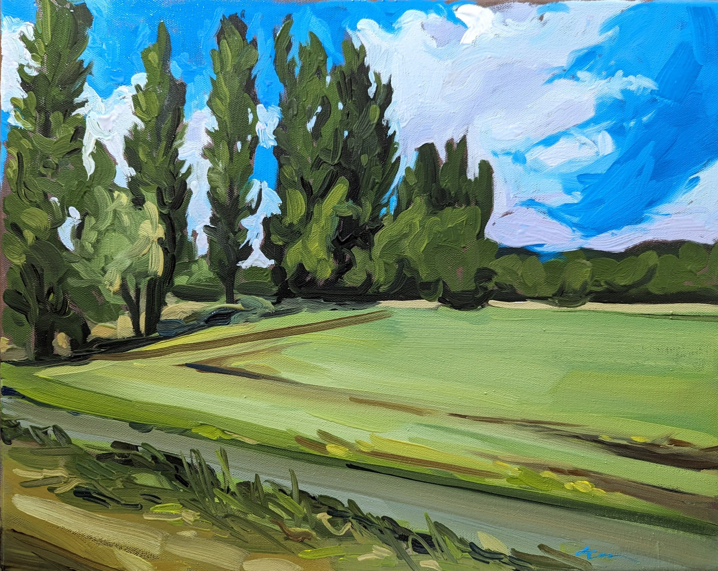 A landscape painting of green fields with a row of tall trees in the background under a partly cloudy blue sky.