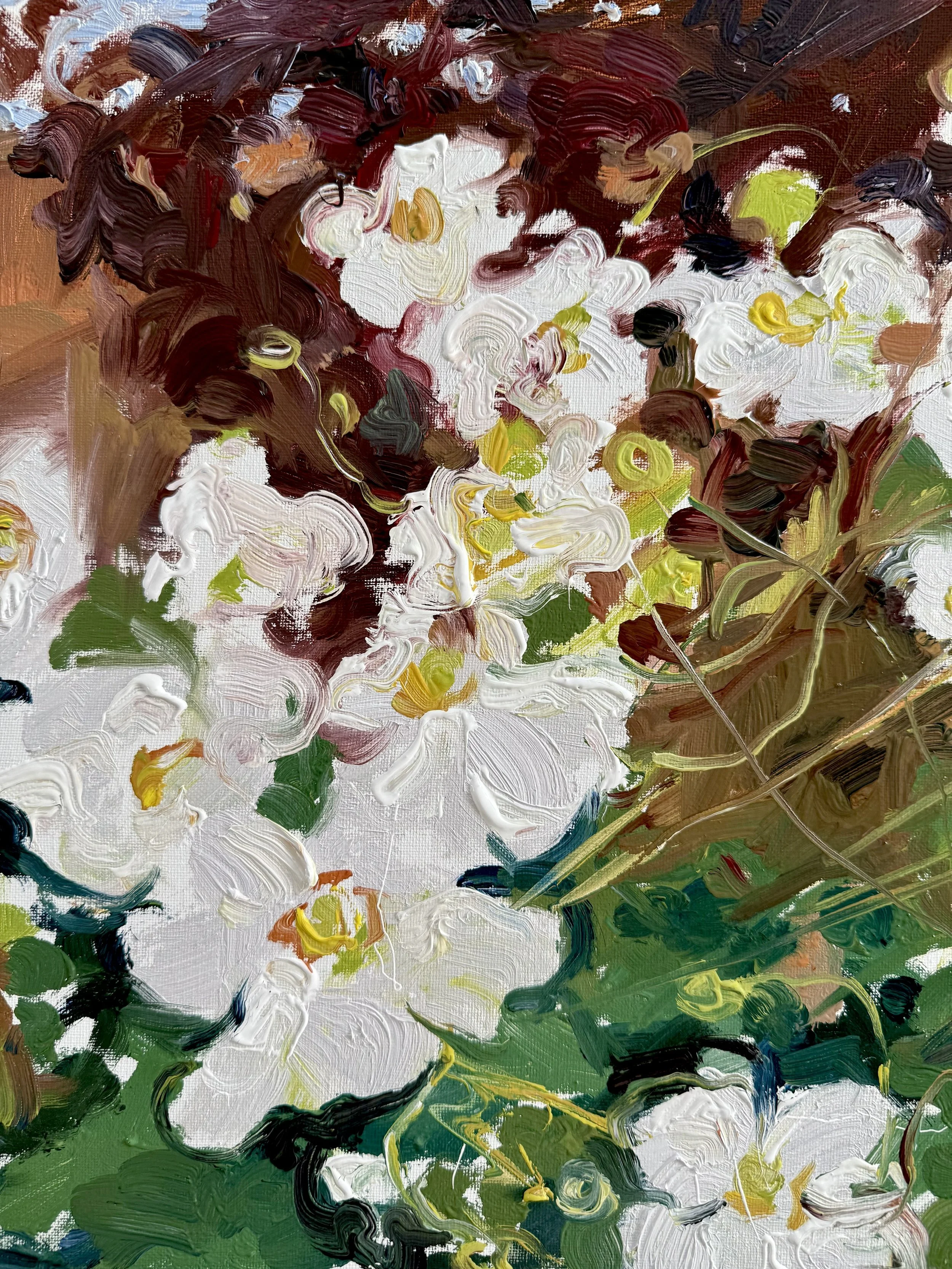 Close-up of a colorful, impressionistic painting of white flowers with green leaves and brownish-red accents.