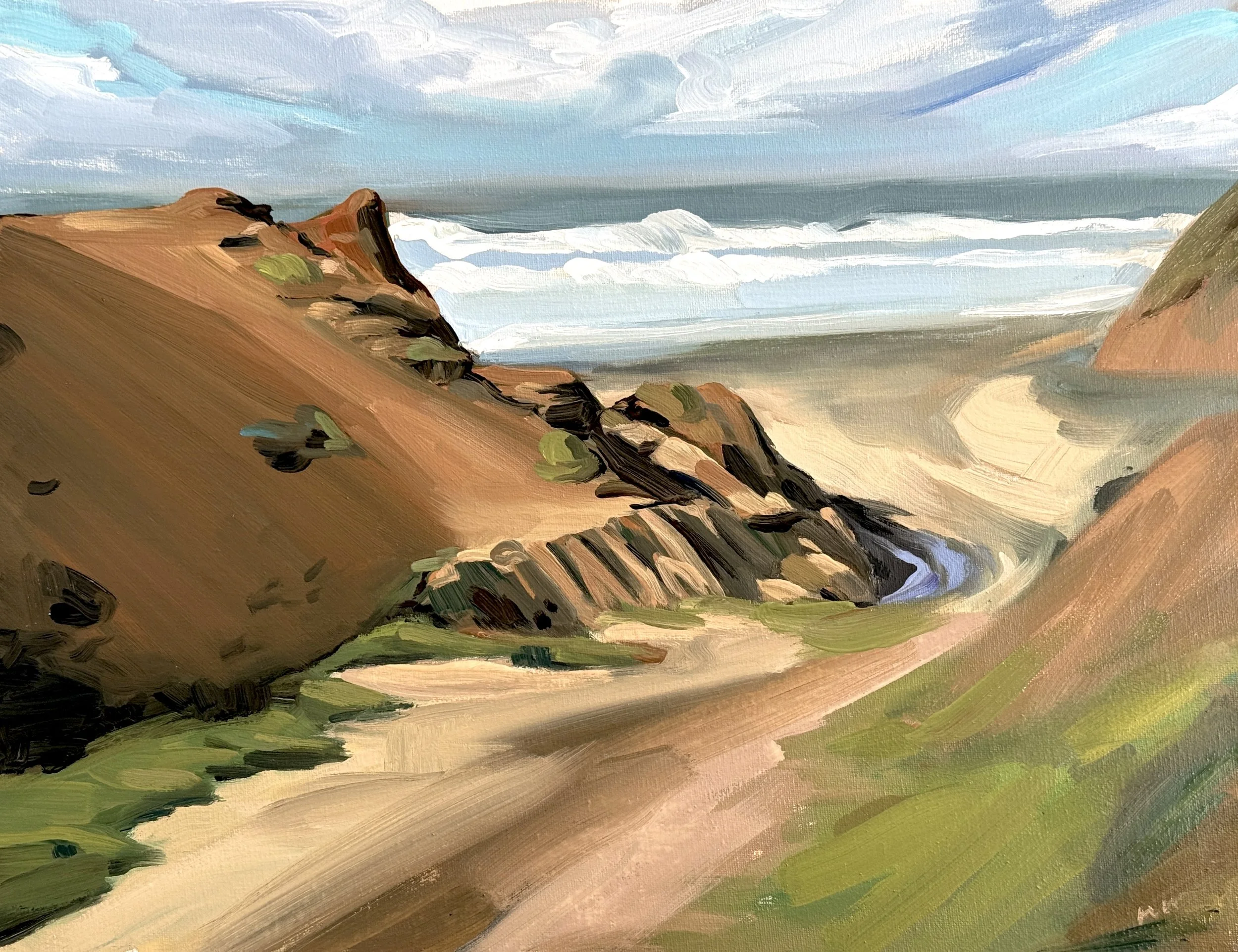 Painting of a coastal landscape with sandy hills, rocks, ocean waves, and a cloudy sky.