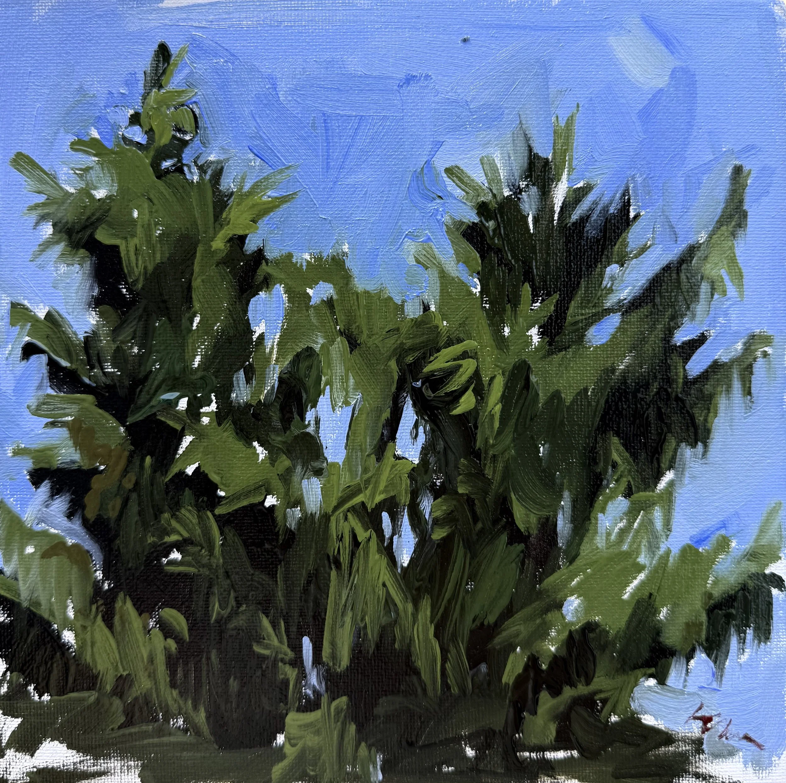 Oil painting of a lush green plant against a light blue sky with a few faint clouds.