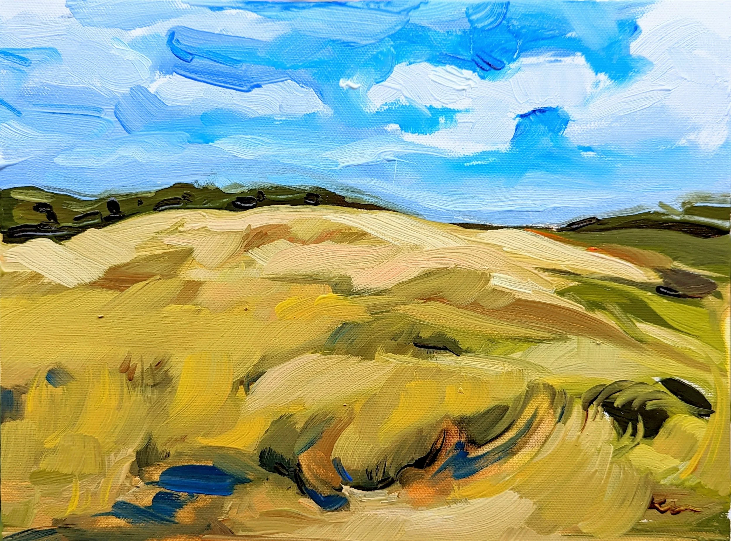 An impressionistic painting of rolling hills under a partly cloudy blue sky.