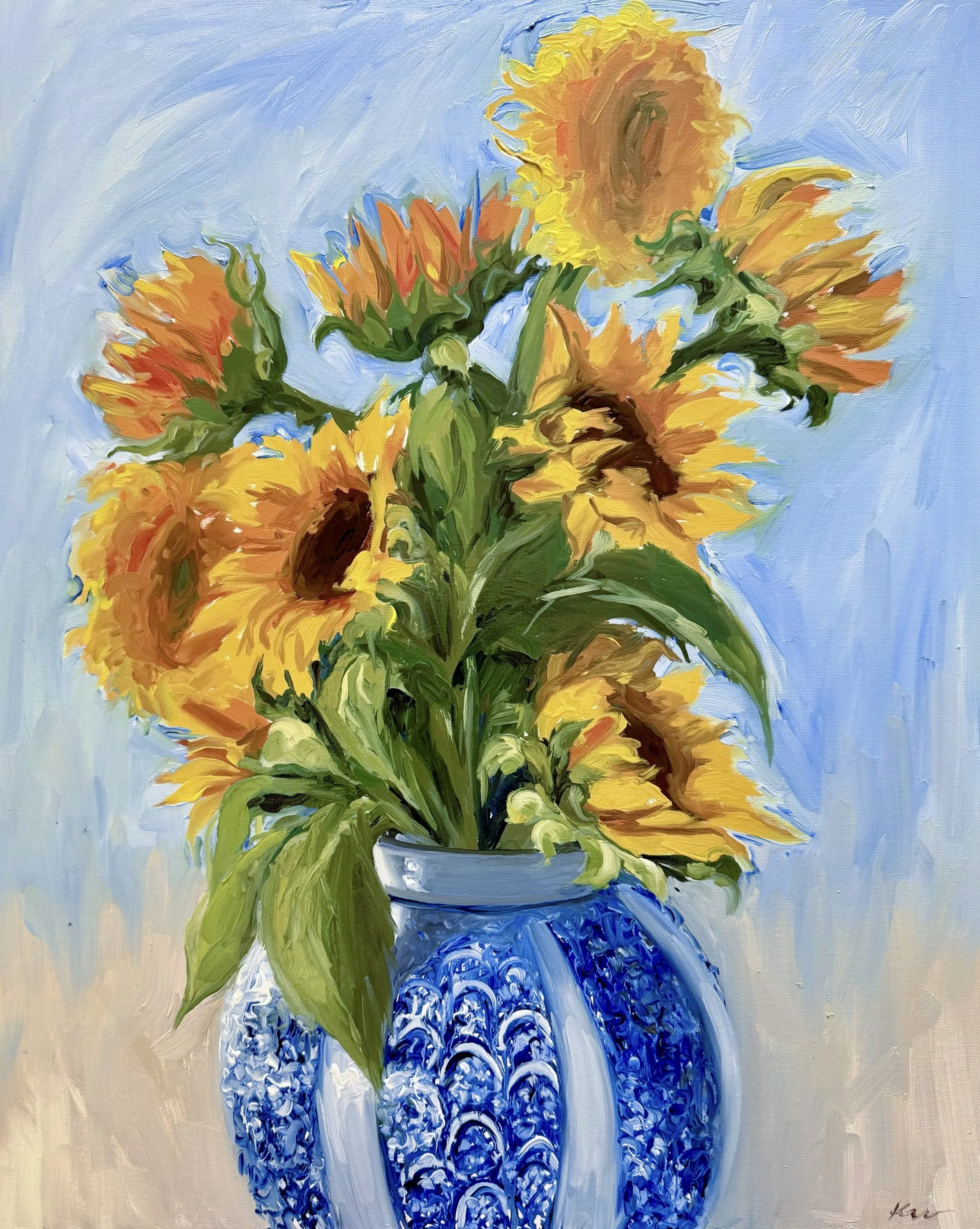 Oil painting of a bouquet of sunflowers in a blue and white patterned vase against a light blue background.