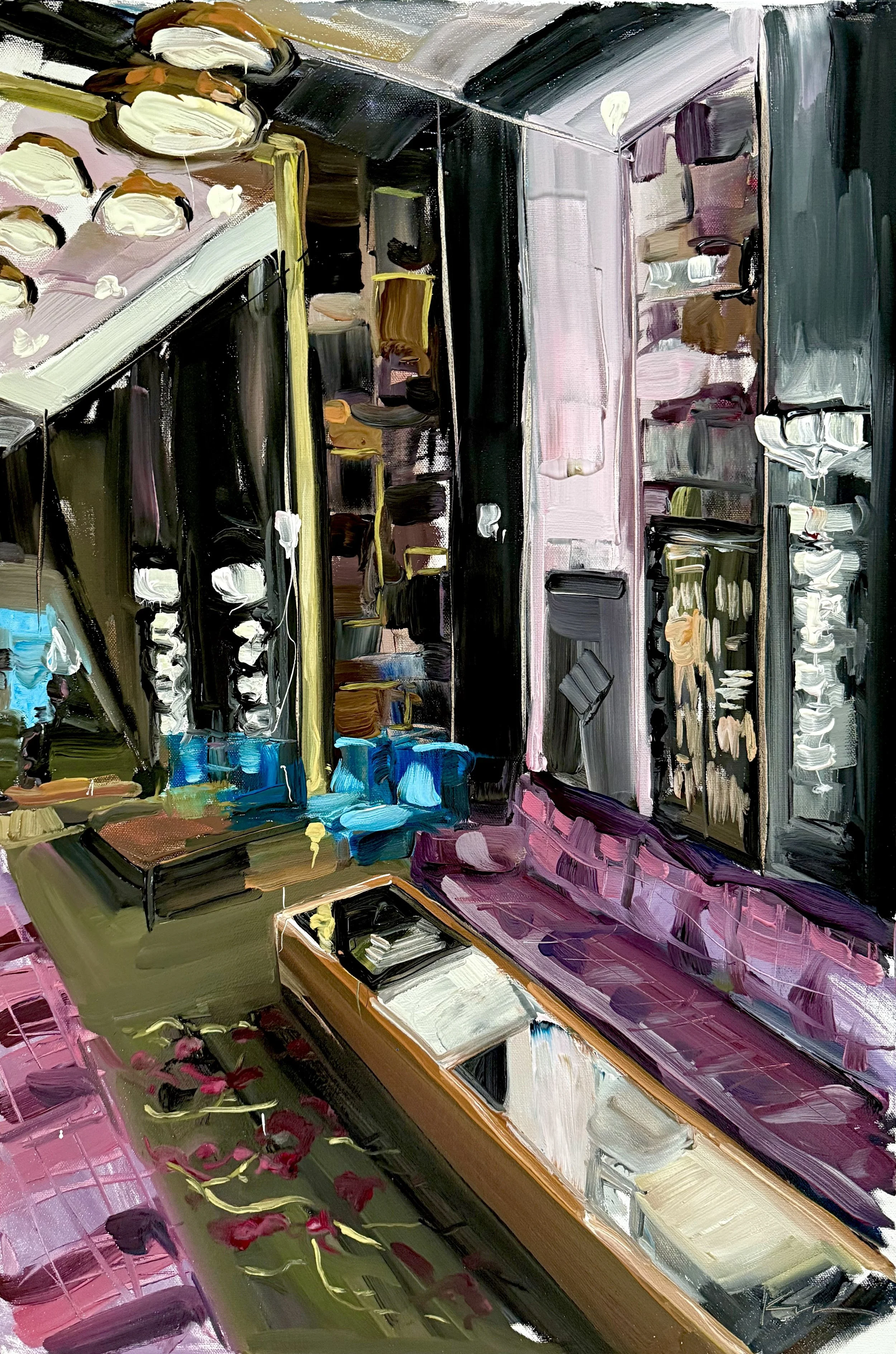 An abstract painting of a modern bookstore with bookshelves, display tables, and colorful rugs.