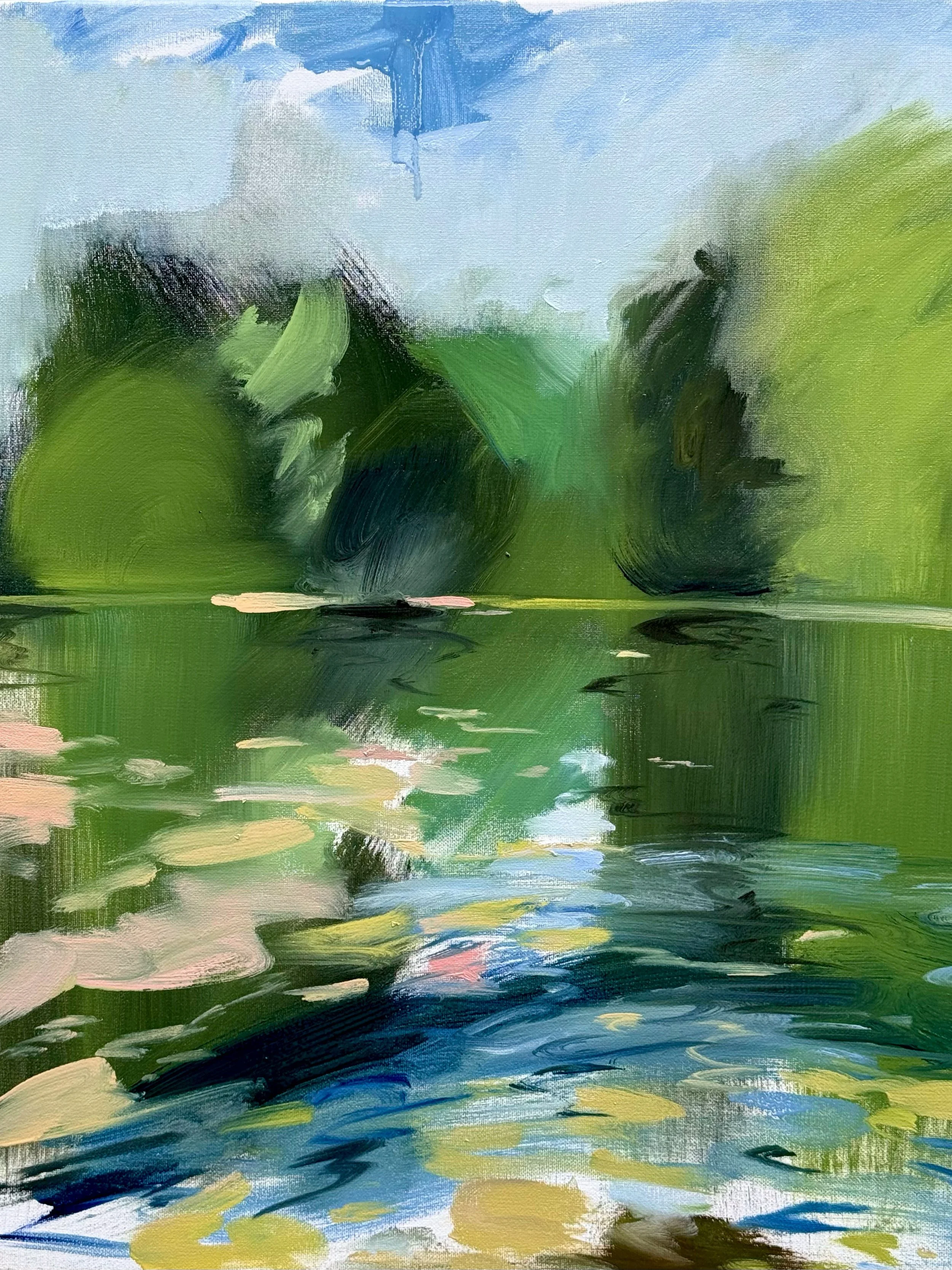 Abstract landscape painting of a lake with green trees, blue sky, and water reflections, created with expressive brushstrokes.