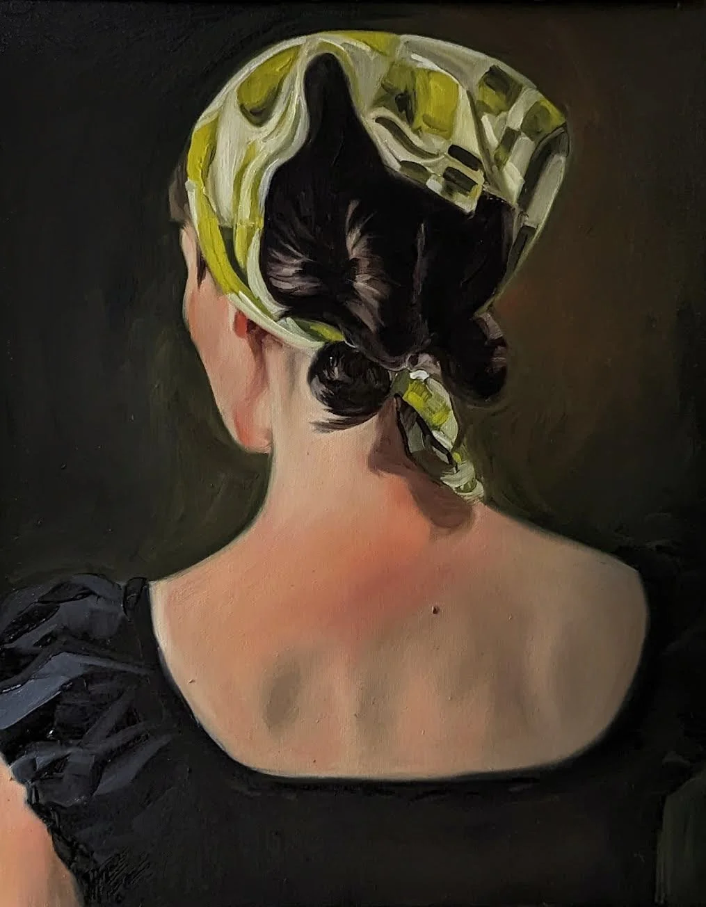 A painting of a woman viewed from the back, with her hair tied up and covered with a yellow and white patterned headscarf, and a black cat curled up on her shoulder.