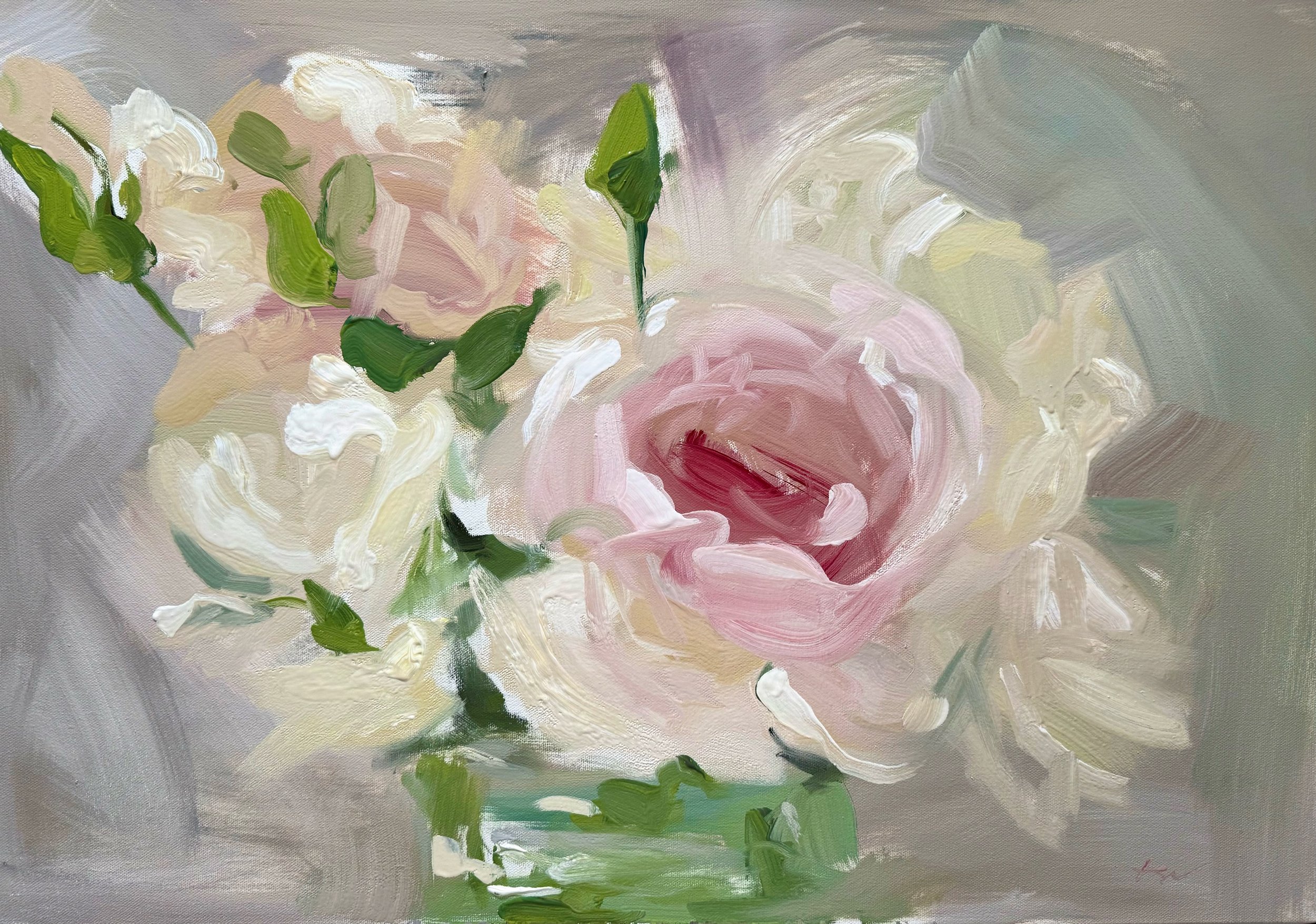 An abstract painting of a bouquet of flowers with a pink rose at the center, surrounded by white blossoms and green leaves against a soft background.