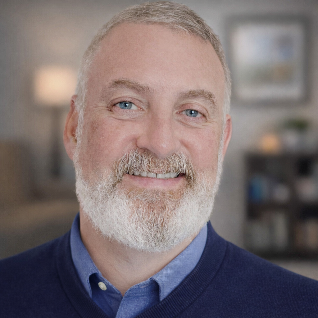 A smiling middle-aged man with a beard and blue eyes, wearing a blue shirt and navy sweater, in a cozy indoor setting.