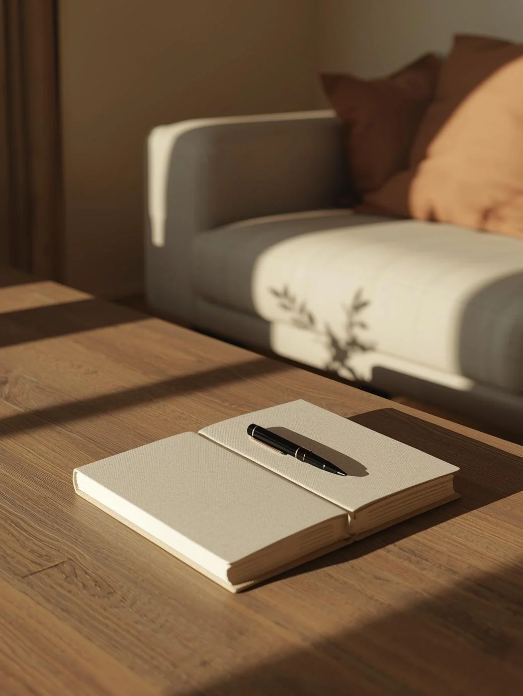 open linen journal with pen on wooden coffee table, warm softly bright afternoon sunlight, cozy neutral living room aesthetic, minimal soft shadows, warm earthy tones, soft golden hour natural light, creamy neutral walls, clay and terra (2).jpg