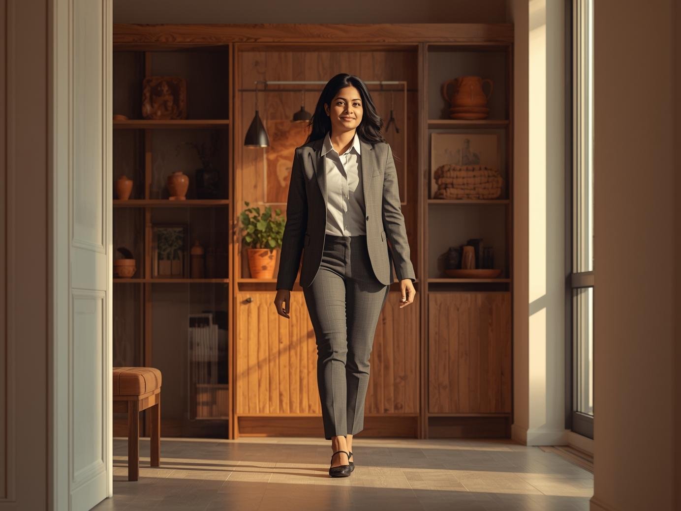 Professional adult walking in warm Illinois office representing career counseling support.