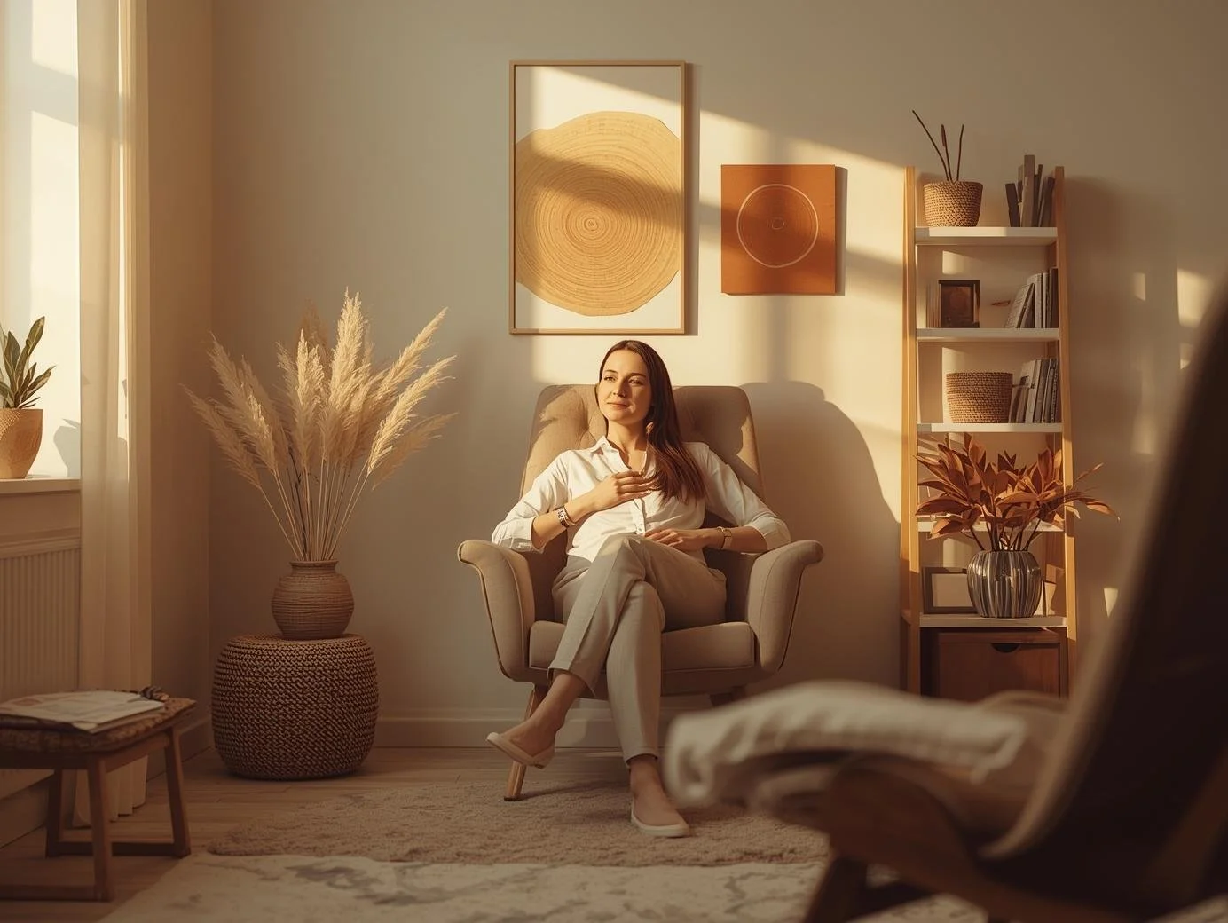 Adult client in a warm therapy office in Illinois for life transitions support.