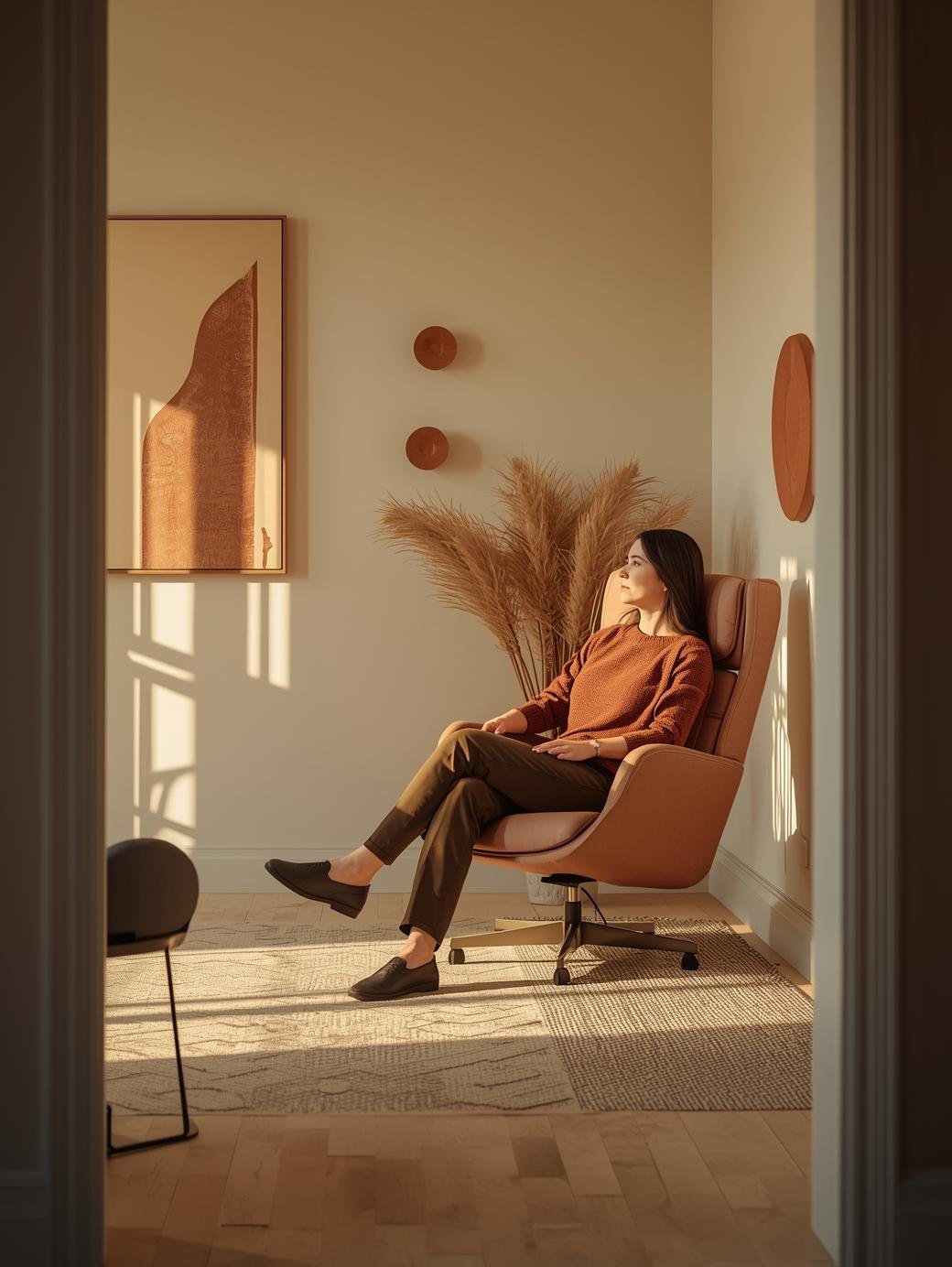 Adult client in a warm therapy office in Illinois for depression support.