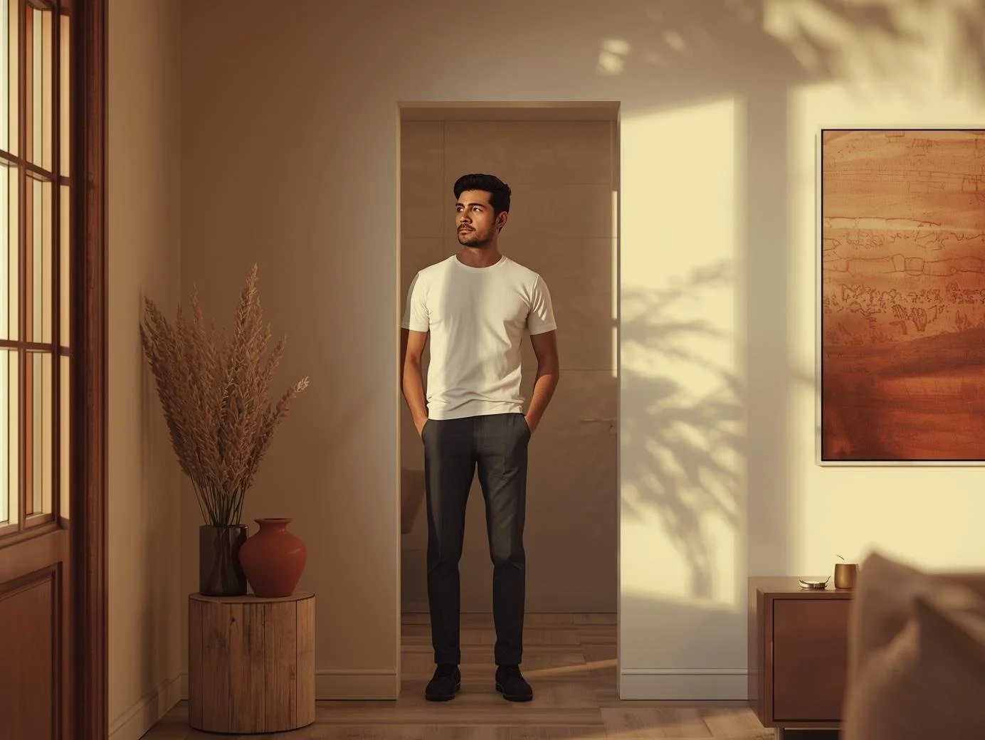 Adult standing near mirror in warm Illinois therapy office for identity-focused therapy.