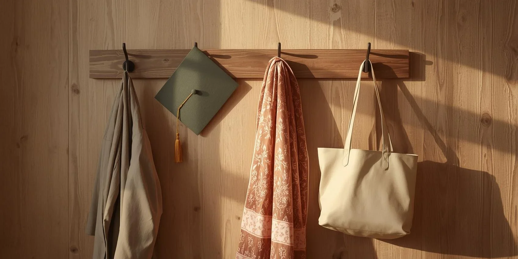 graduation cap and gown hanging on a wall with other accessories symbolizing the anxiety a young adult may feel after graduating college and stepping into adulthood