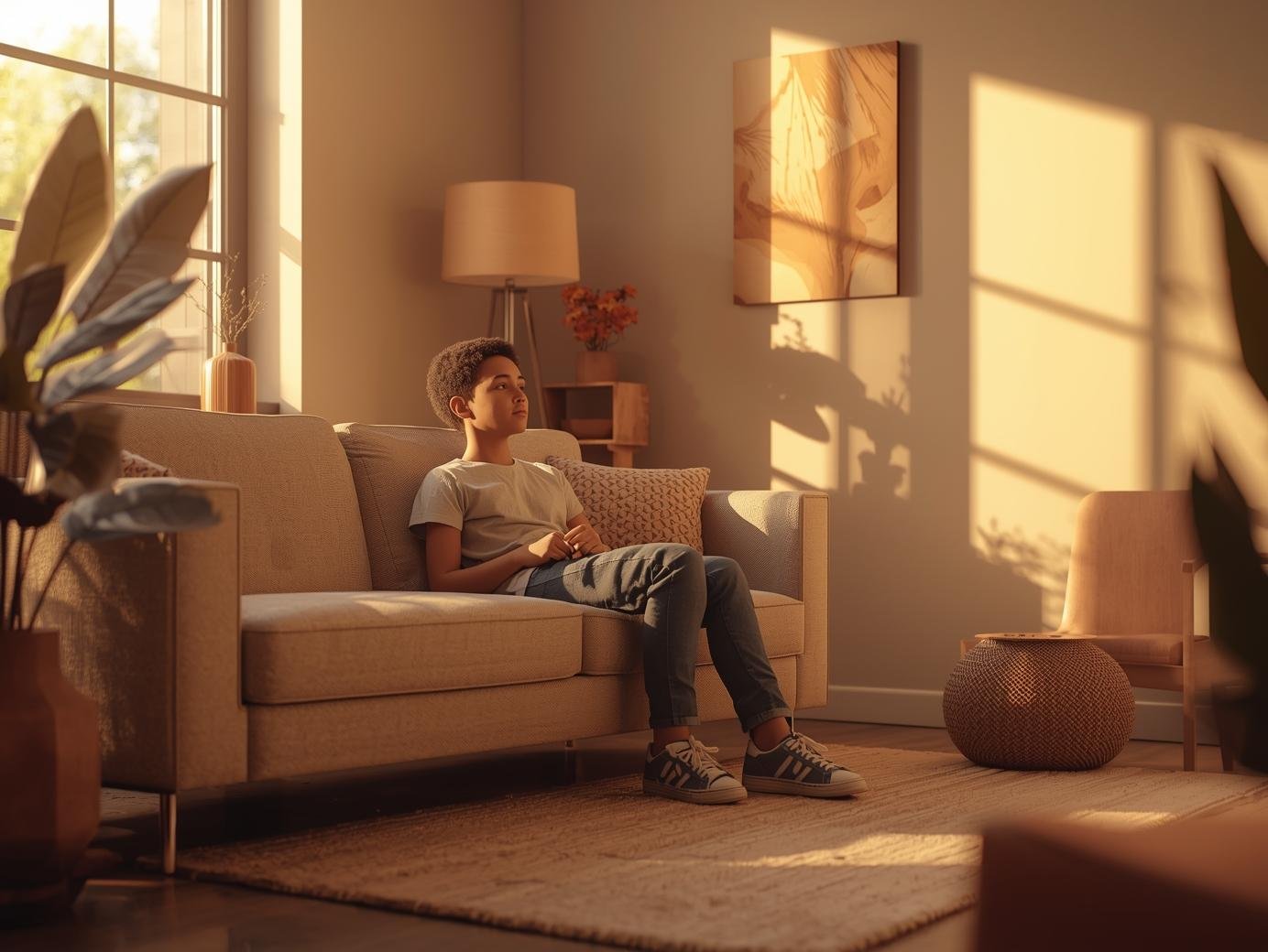 Teen sitting on sofa in warm Illinois therapy space for depression support.