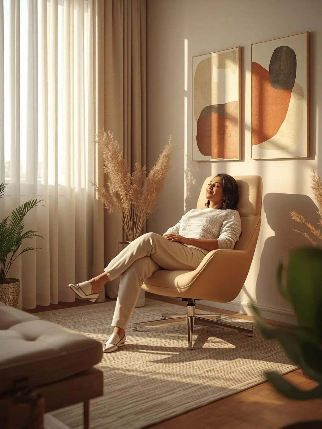 Adult client sitting in a warm modern therapy office in Illinois with neutral decor and terracotta accents.